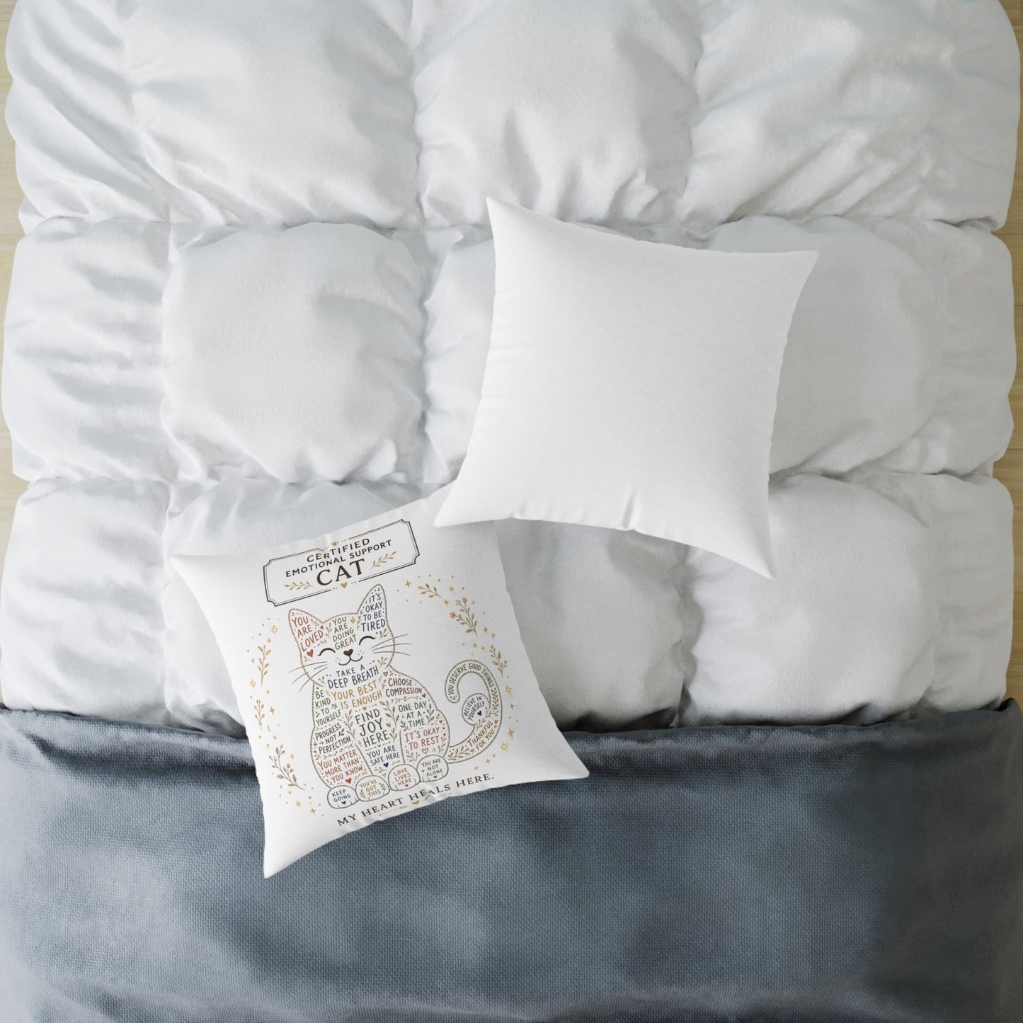 Cute cat throw pillow design with positive reminders and self-care quotes