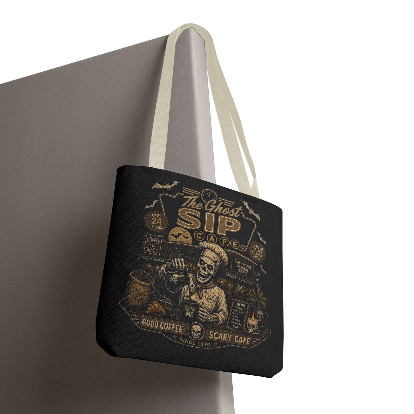 Spooky Coffee and Chaos Retro Skeleton Barista Cafe Illustration - tote bag