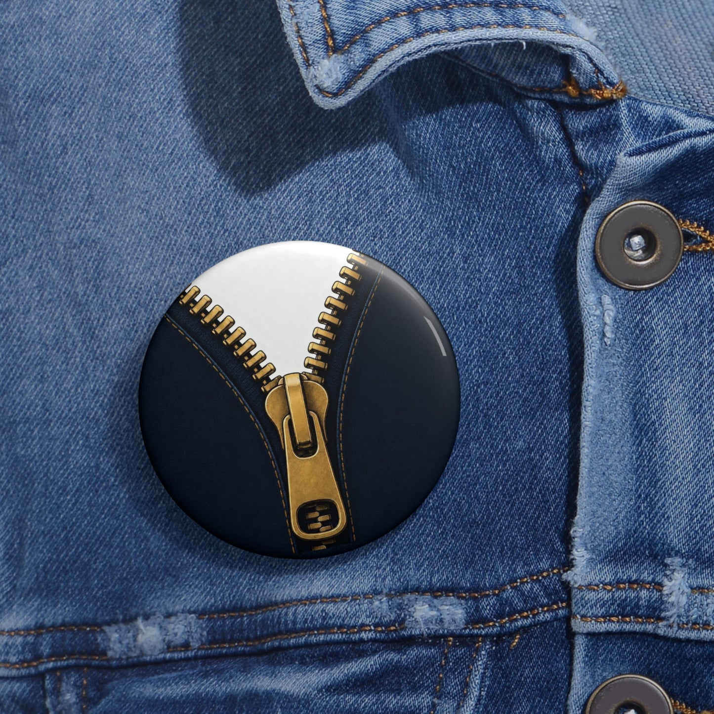 A close-up graphic of a metallic gold zipper opening up dark navy denim fabric - button