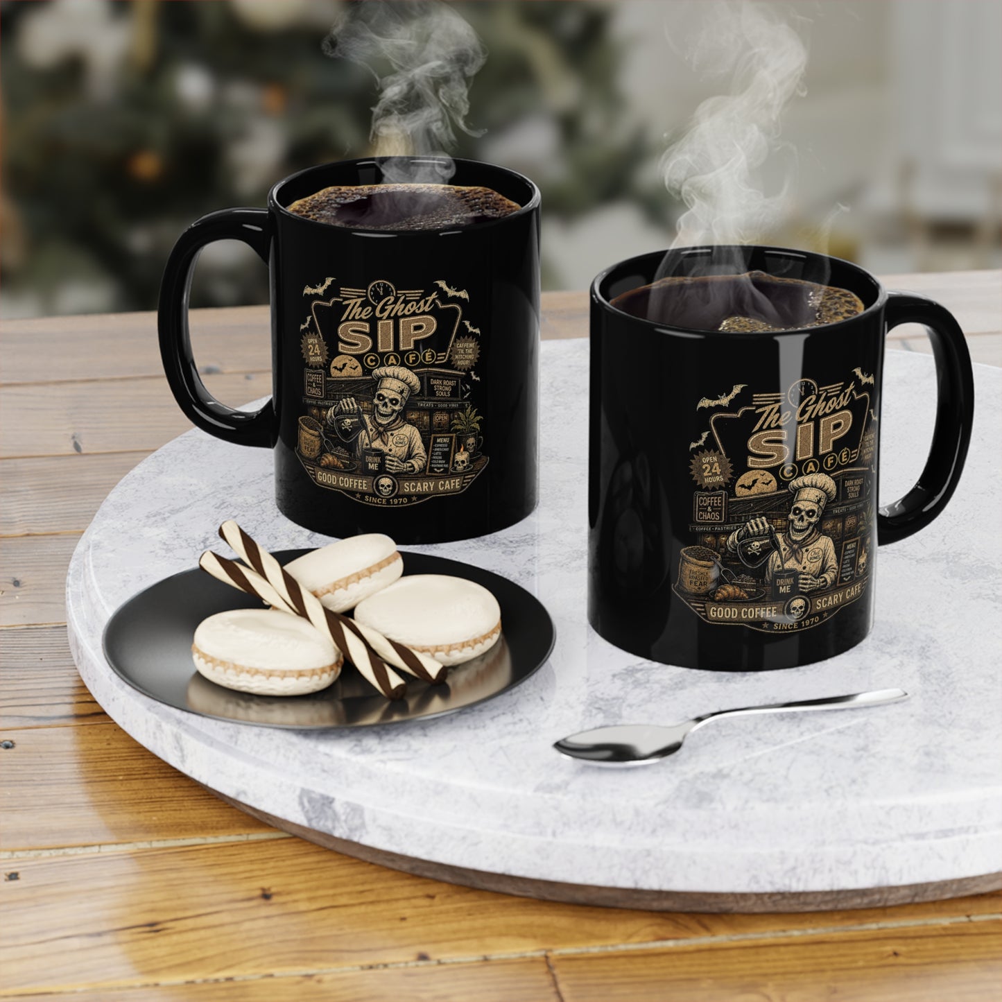 Spooky Coffee and Chaos Retro Skeleton Barista Cafe Illustration - coffee mug