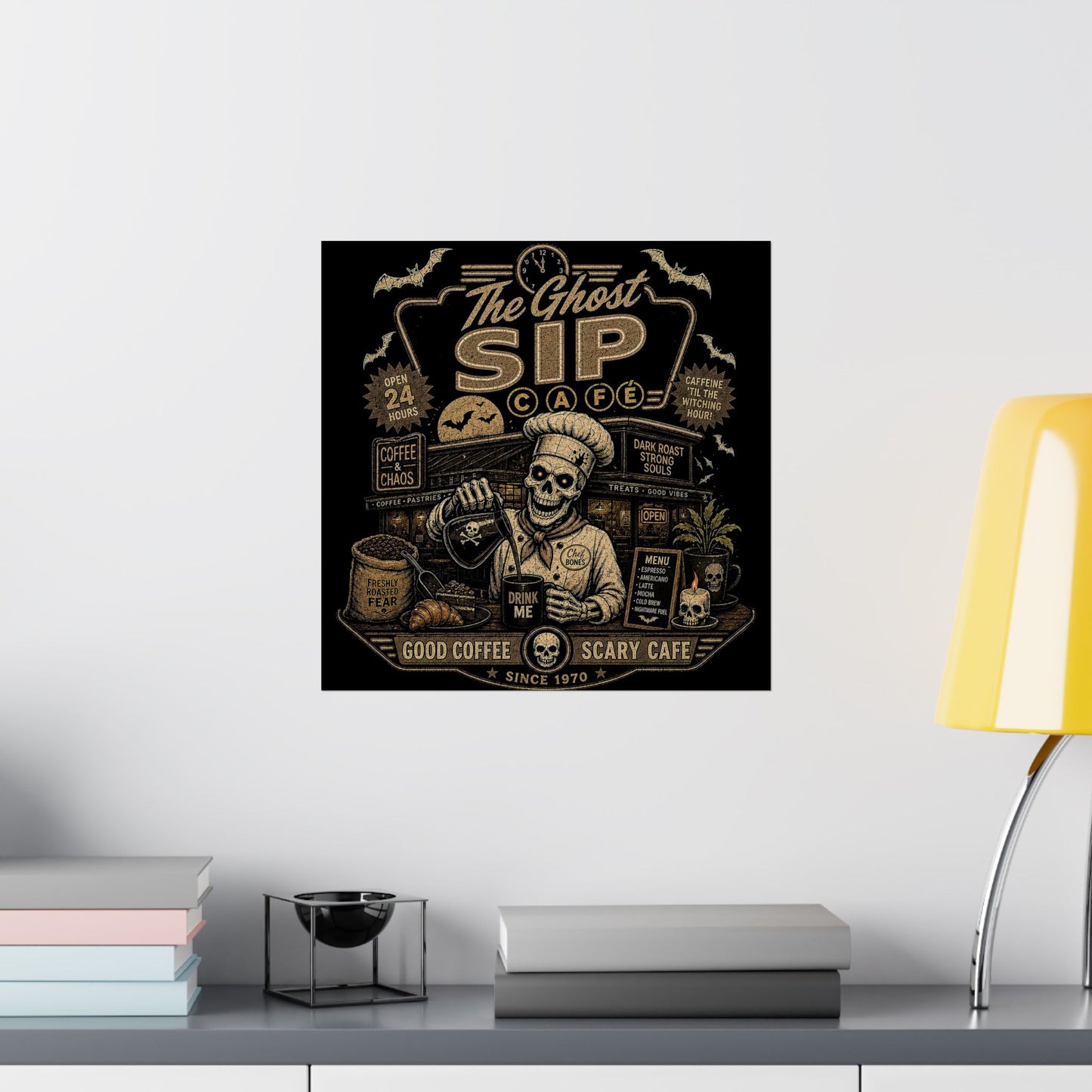 Spooky Coffee and Chaos Retro Skeleton Barista Cafe Illustration - poster