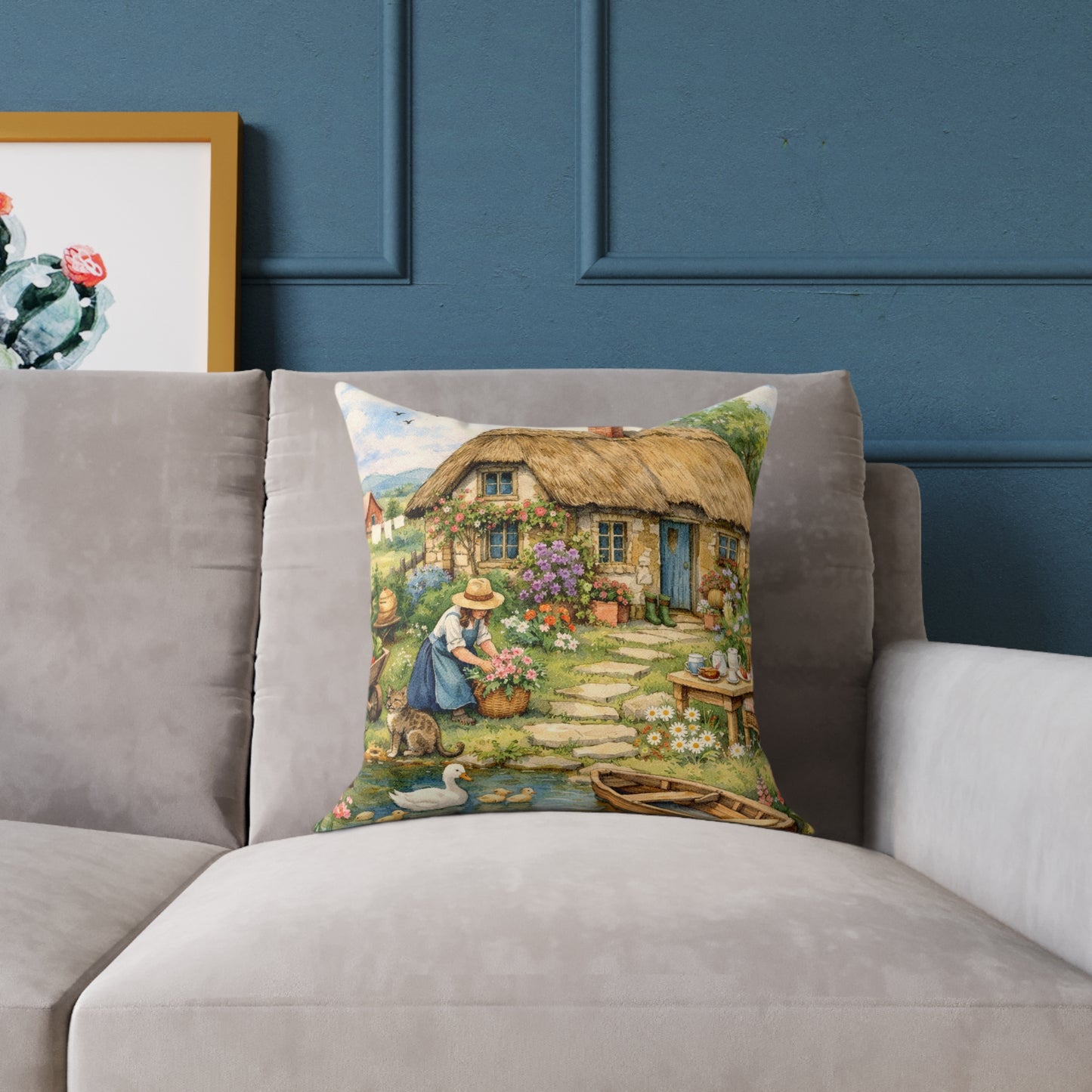 Throw pillow - Whimsical English Countryside Thatch Cottage