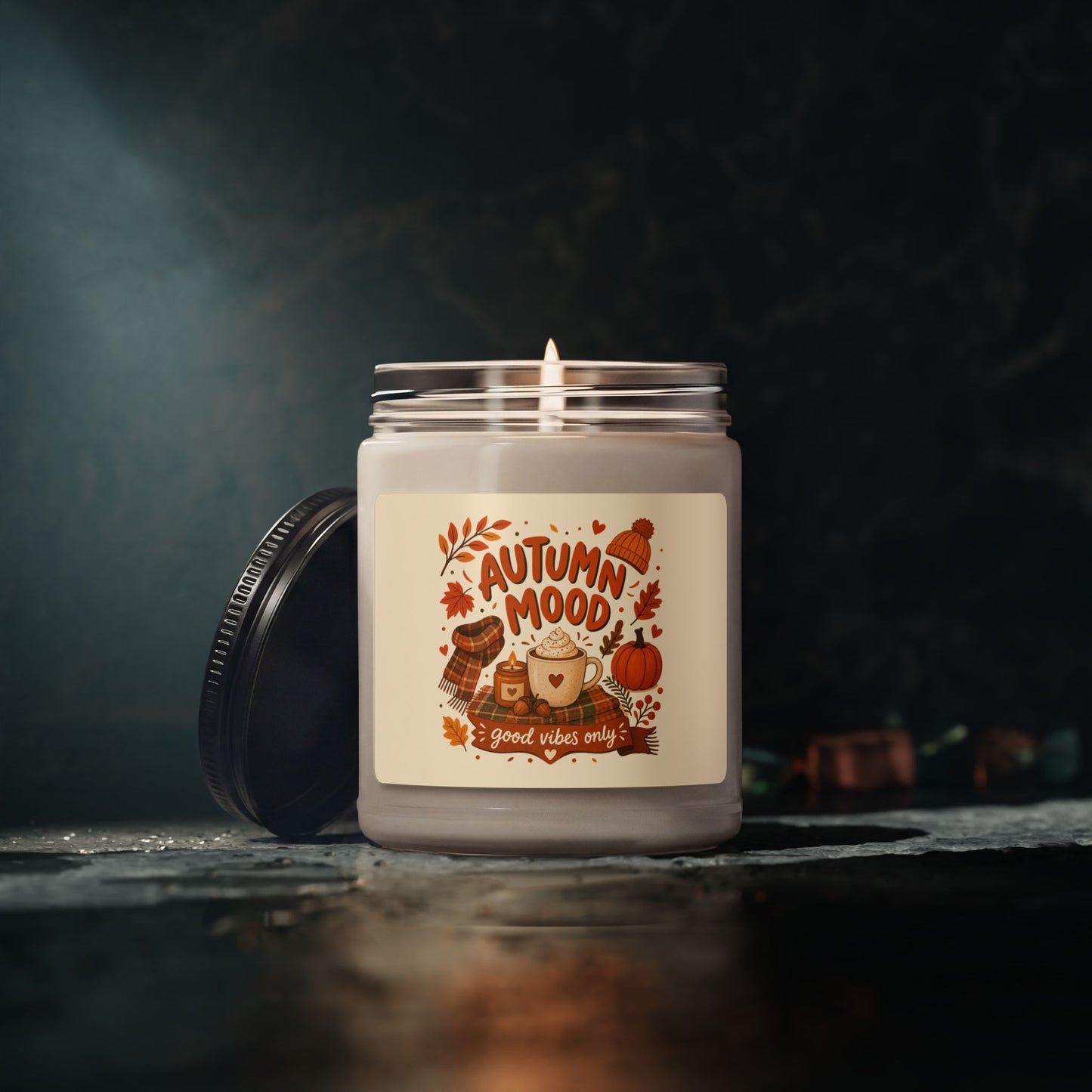 Cute Autumn Aesthetic scented soy candle. Design for Fall Lovers and Cozy Season