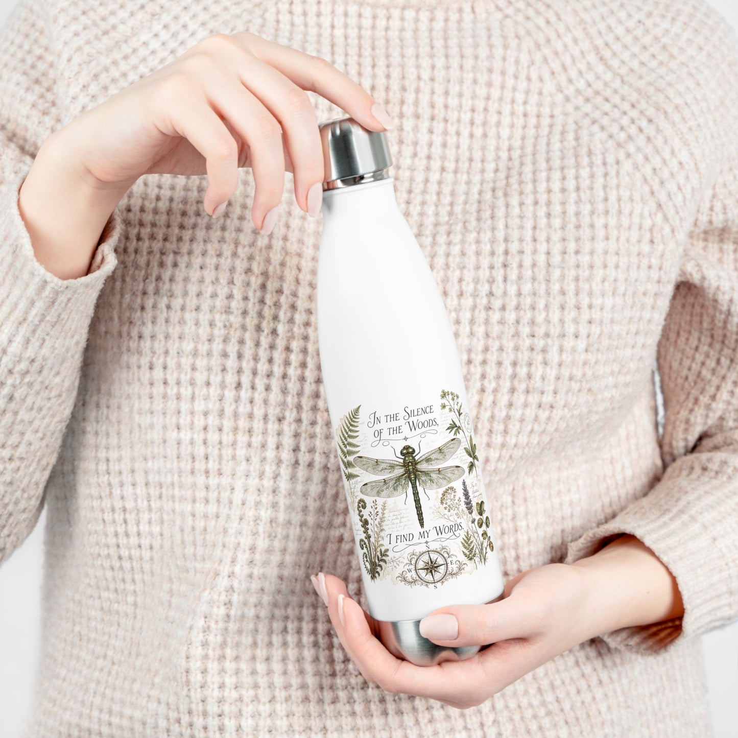 Vintage Botanical Dragonfly insulated bottle with Quote "In the Silence of the Woods, I Find My Words" for Writers and Nature Lovers