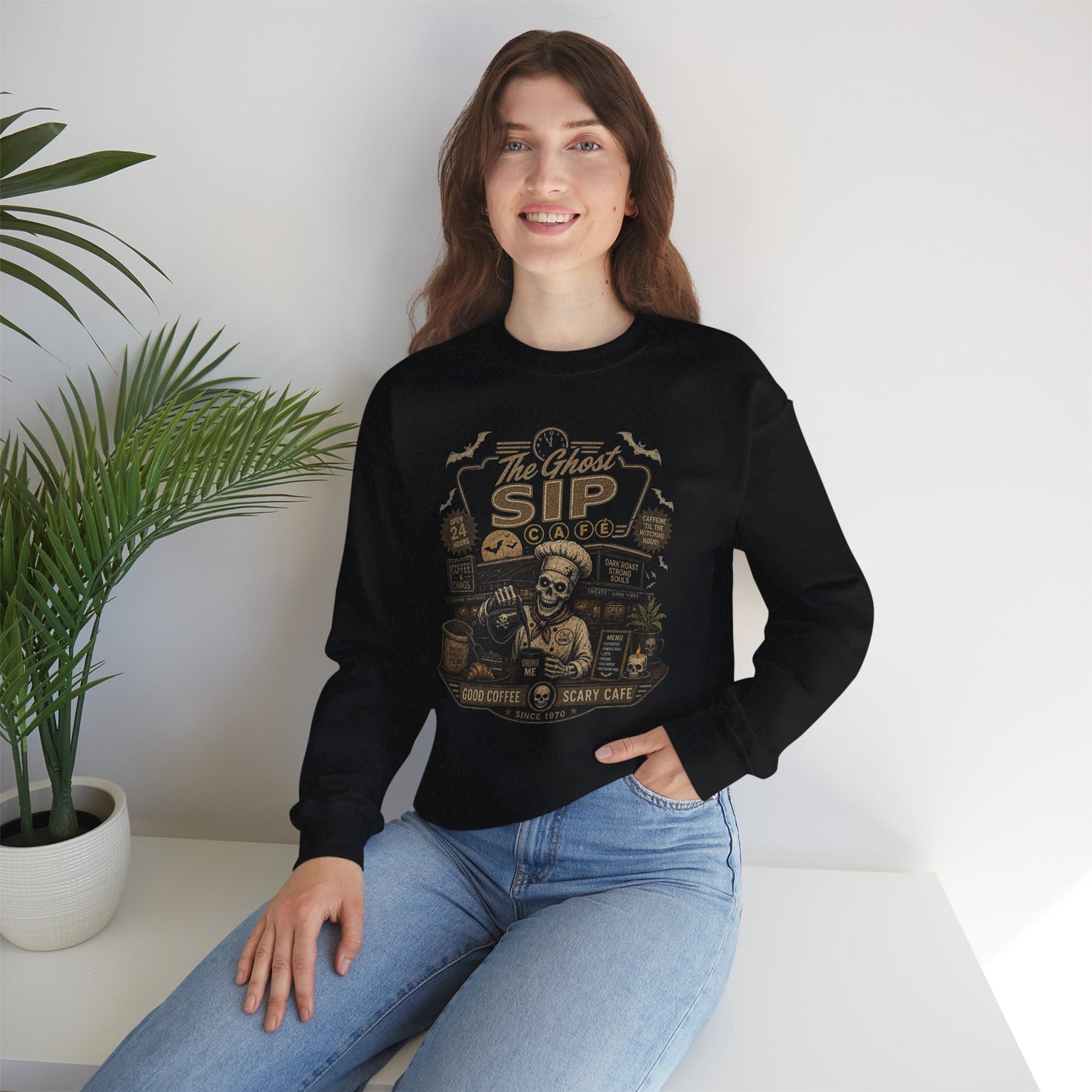 Spooky Coffee and Chaos Retro Skeleton Barista Cafe Illustration - sweatshirt
