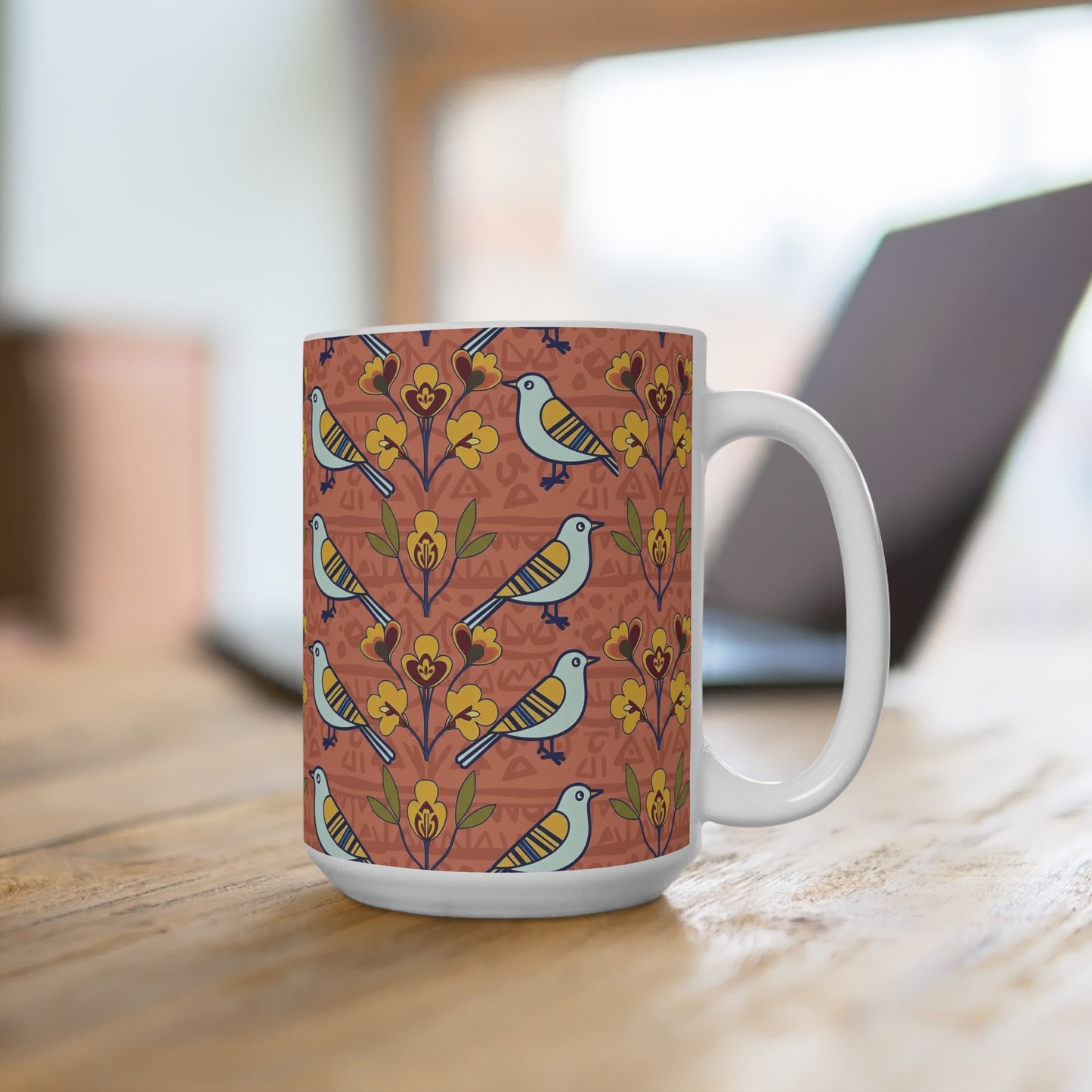 15oz Mug — Modern Folk Art Bird and Floral Seamless Pattern on Terracotta