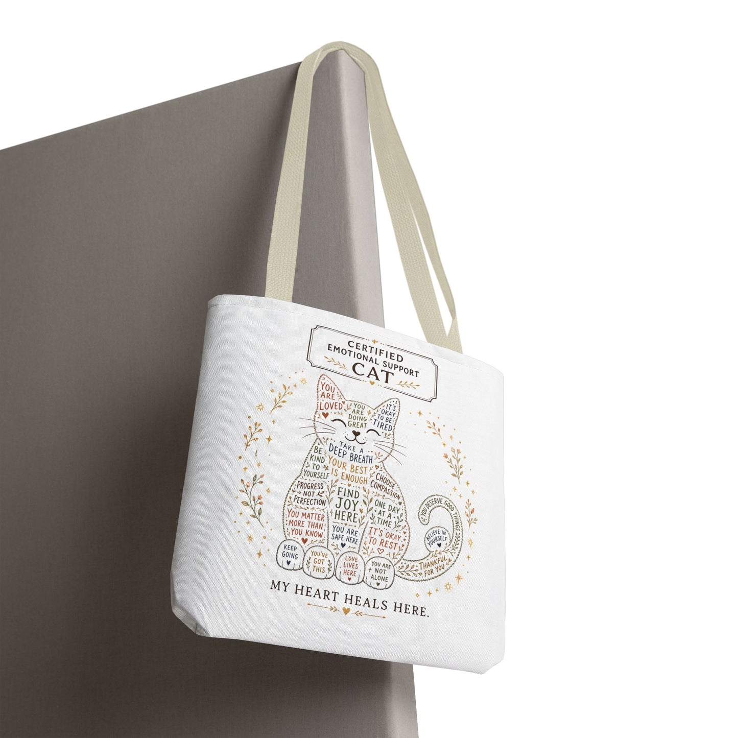 Cute cat tote bag design with positive reminders and self-care quotes