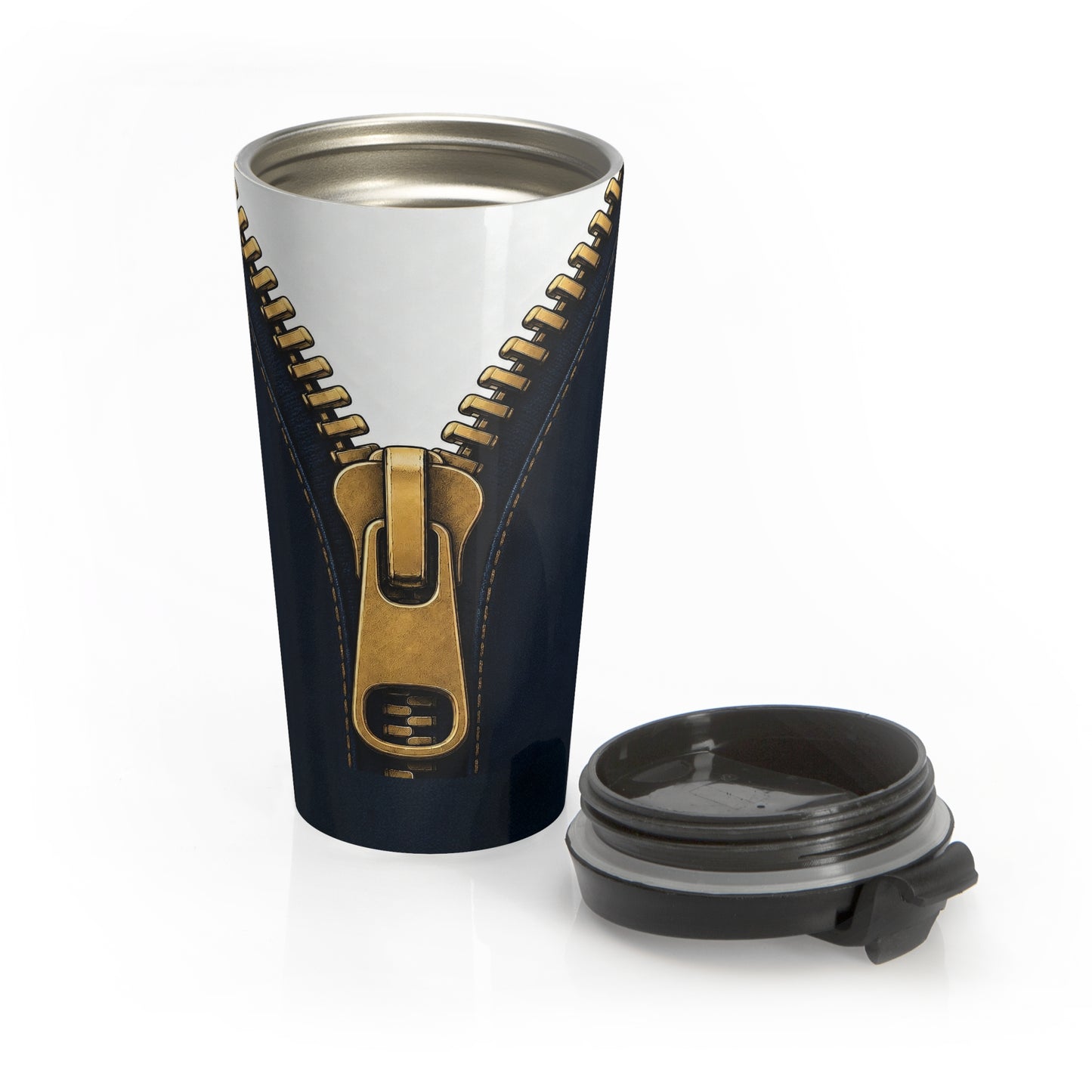 A close-up graphic of a metallic gold zipper opening up dark navy denim fabric - travel mug