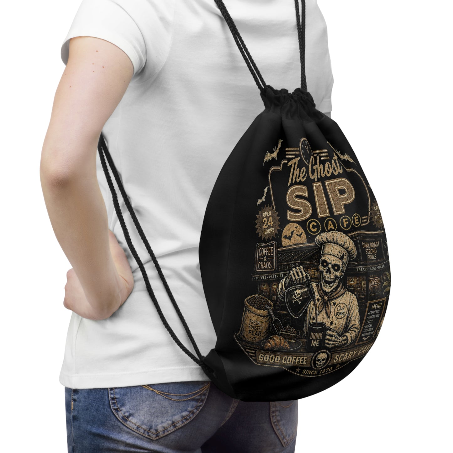 Spooky Coffee and Chaos Retro Skeleton Barista Cafe Illustration - drawstring bag