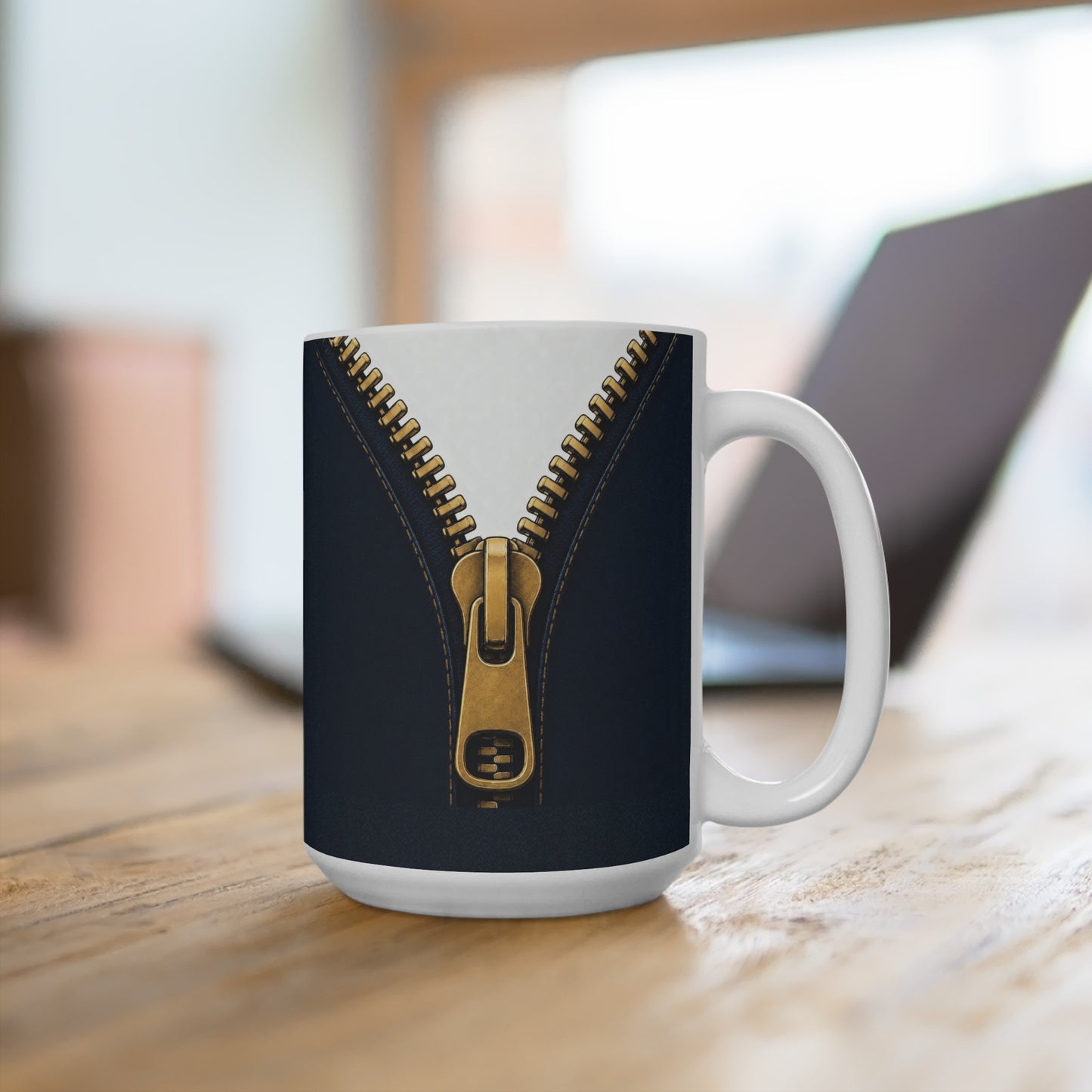 A close-up graphic of a metallic gold zipper opening up dark navy denim fabric - 15 oz coffee mug