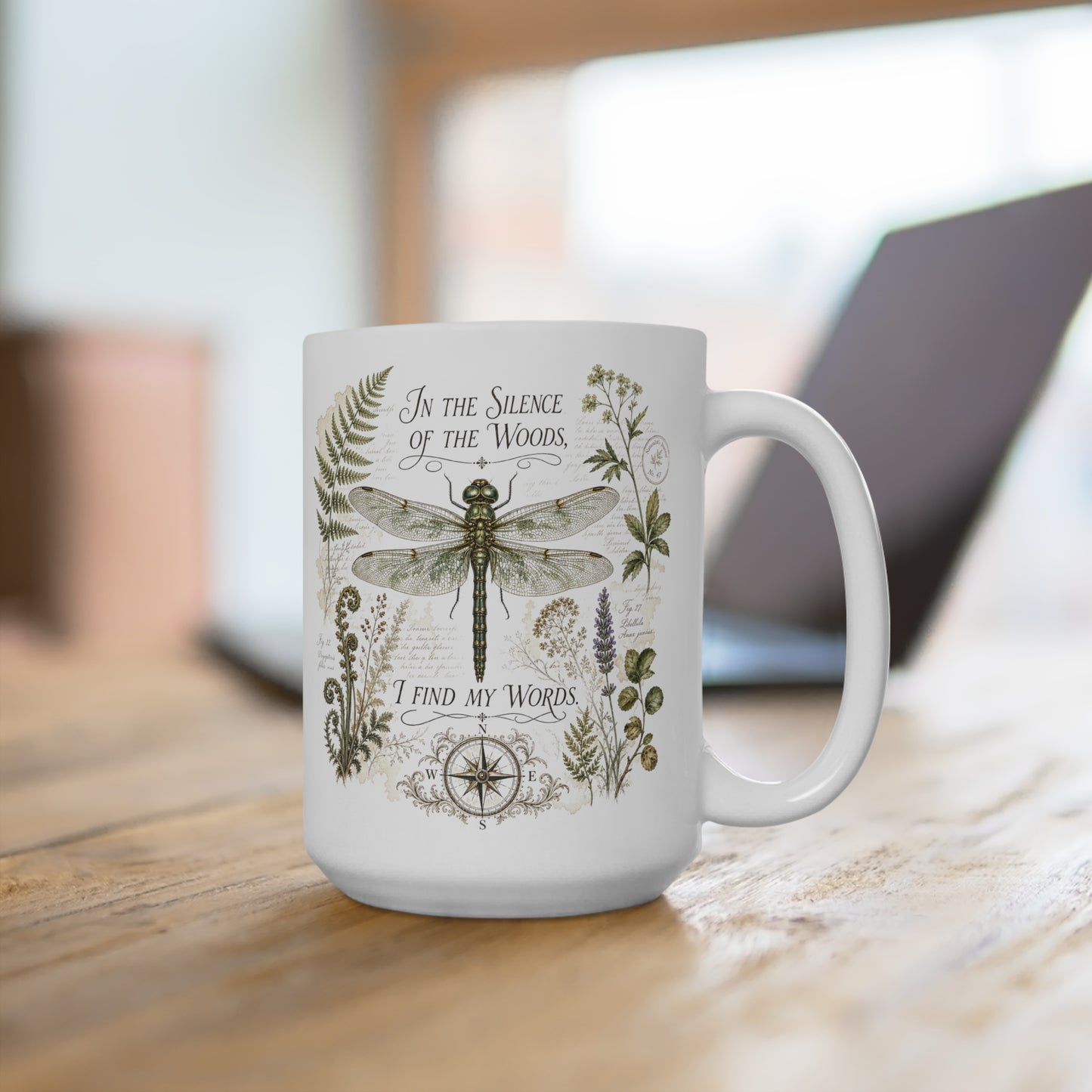 Vintage Botanical Dragonfly mug with Quote "In the Silence of the Woods, I Find My Words" for Writers and Nature Lovers