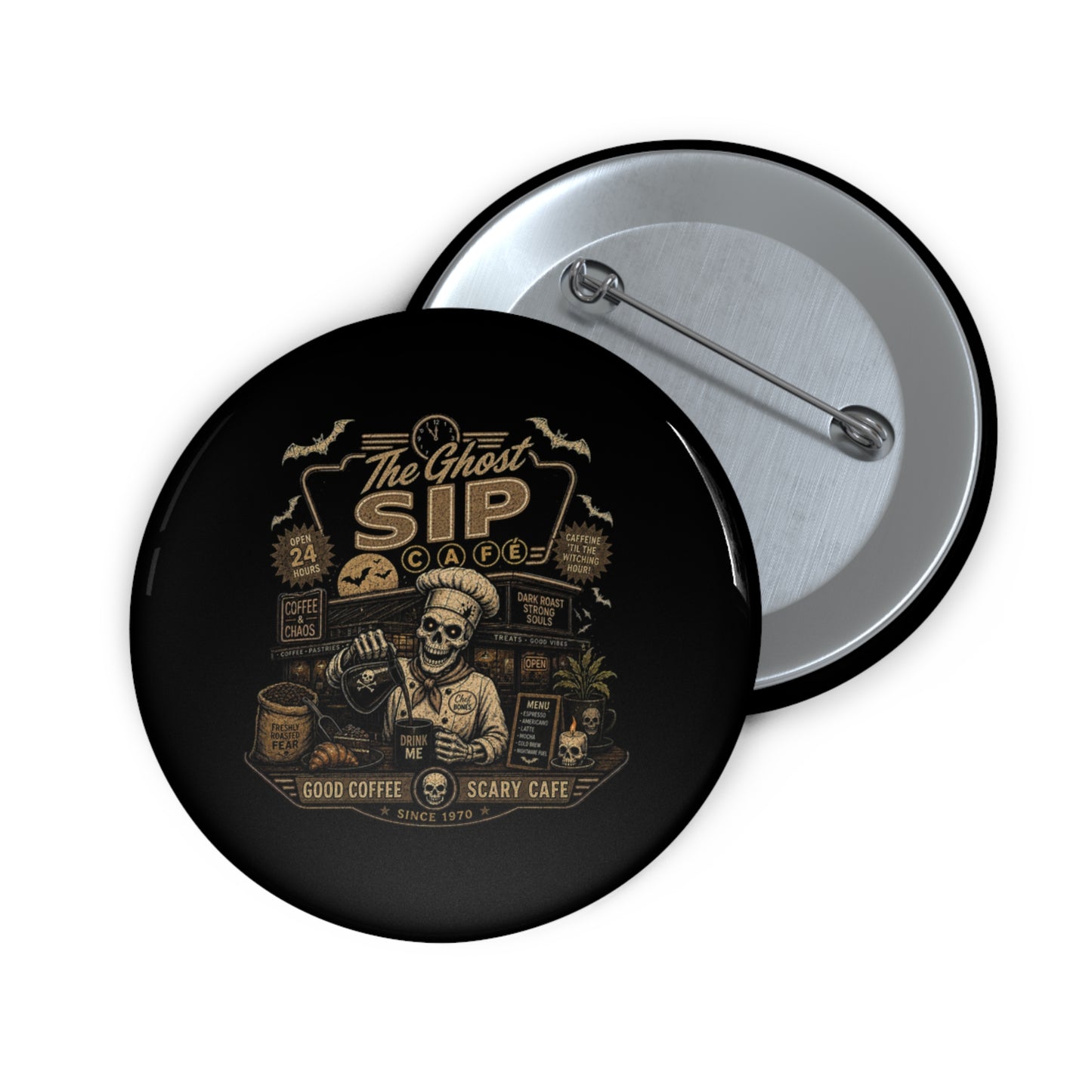 Spooky Coffee and Chaos Retro Skeleton Barista Cafe Illustration - button