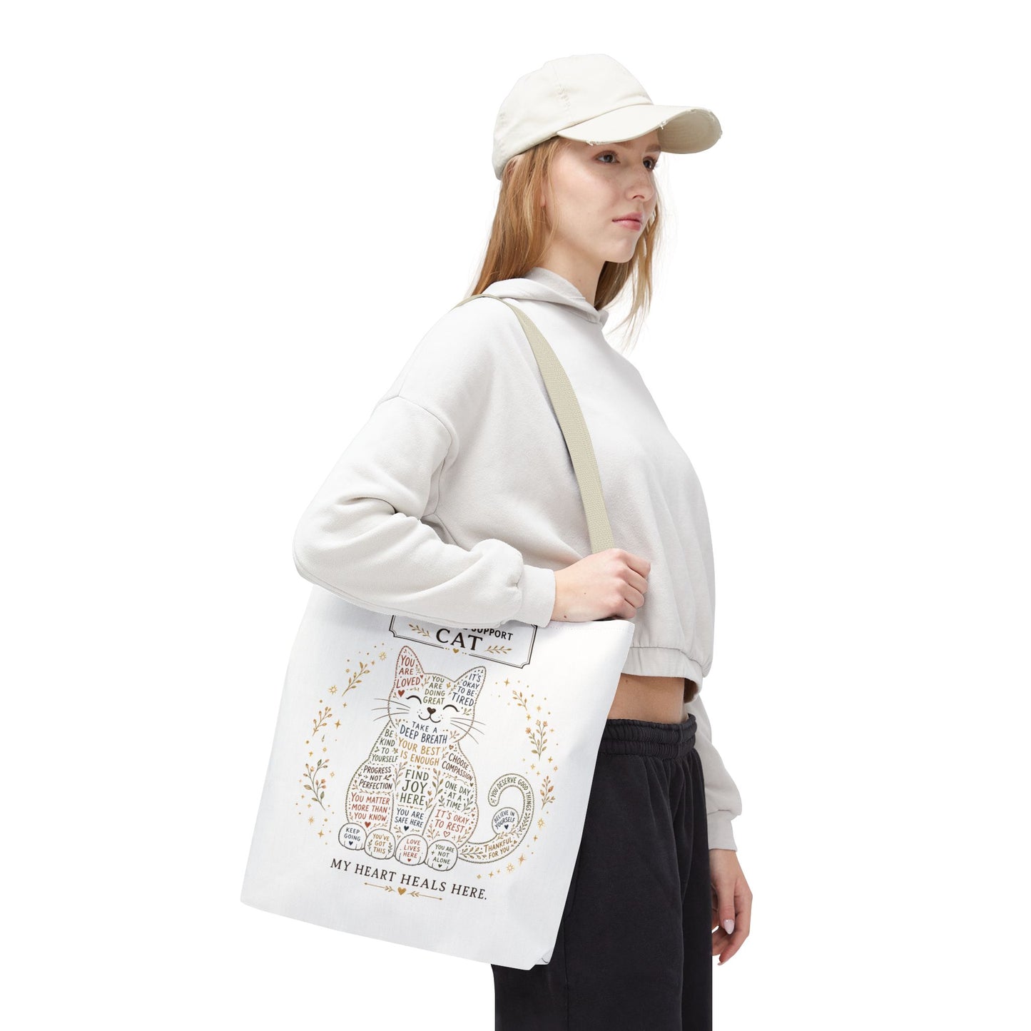 Cute cat tote bag design with positive reminders and self-care quotes
