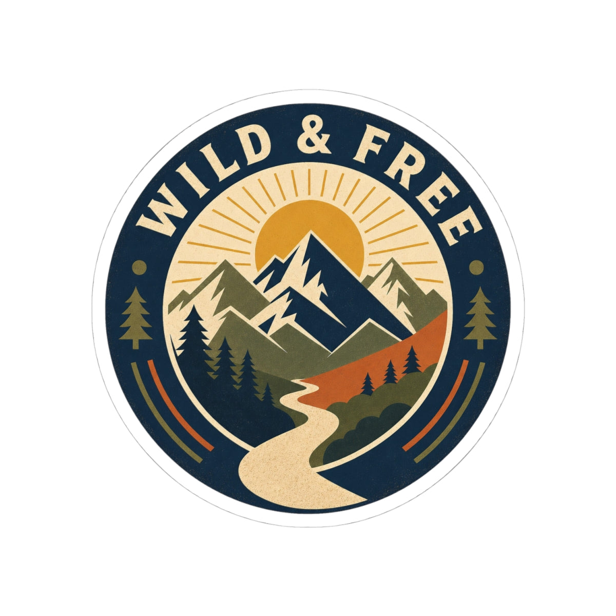 Wild and Free Vintage Mountain Adventure Badge – Retro Nature Landscape with Winding River and Pine Trees kiss cute sticker Design