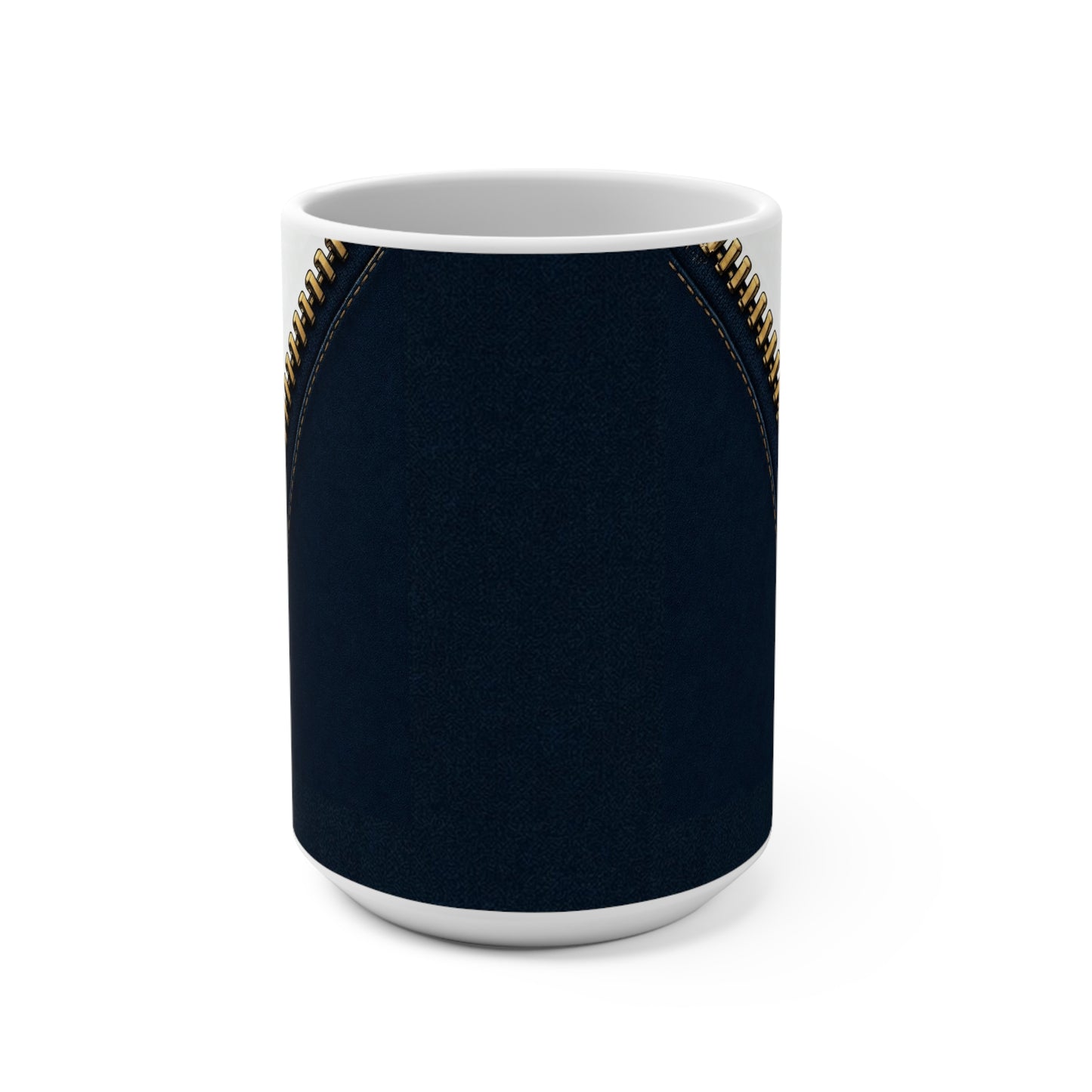 A close-up graphic of a metallic gold zipper opening up dark navy denim fabric - 15 oz coffee mug