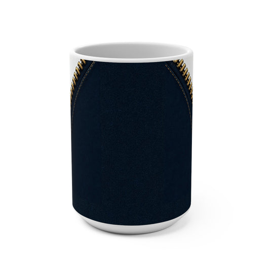 A close-up graphic of a metallic gold zipper opening up dark navy denim fabric - 15 oz coffee mug
