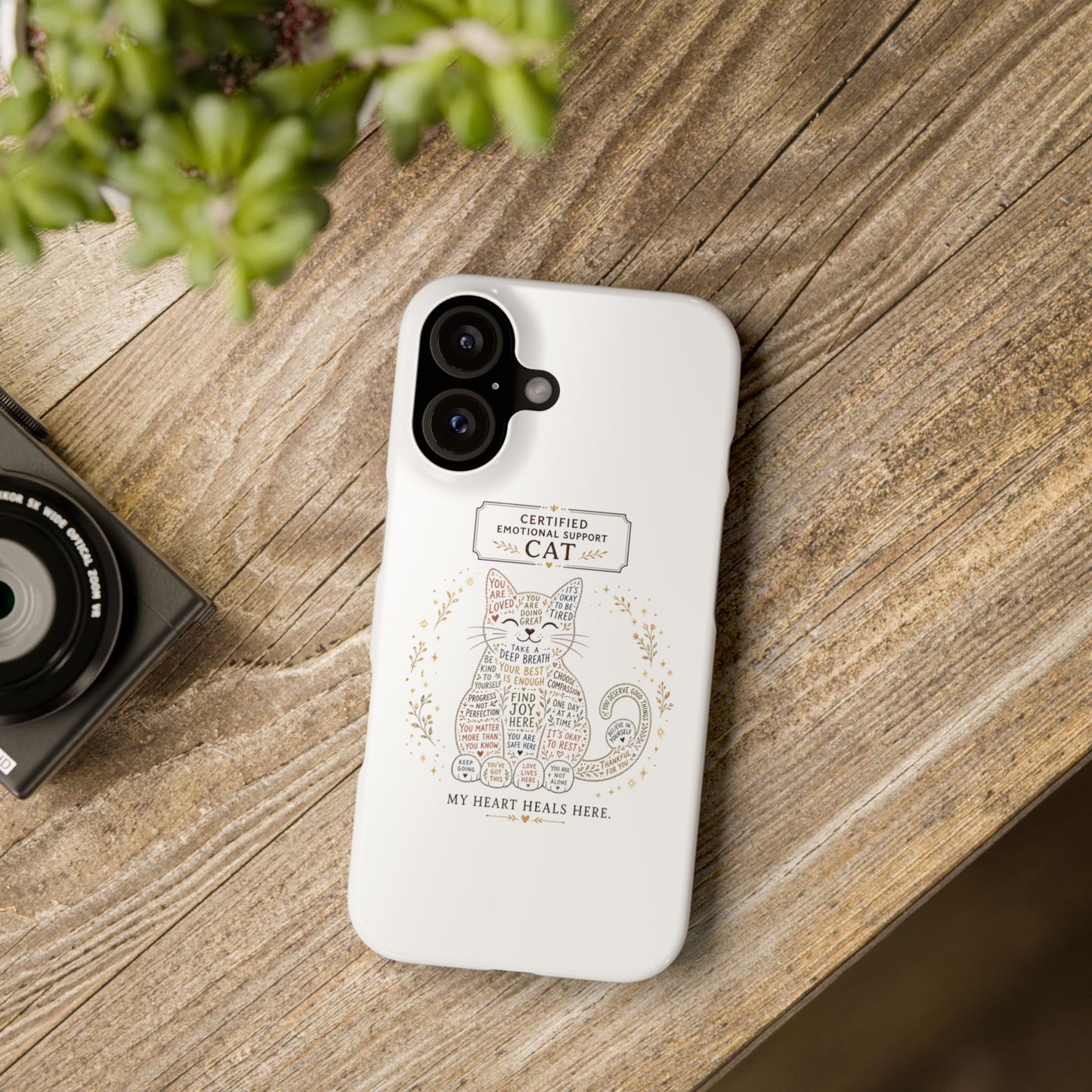 Cute cat iphone 16 and 15 slim case design with positive reminders and self-care quotes