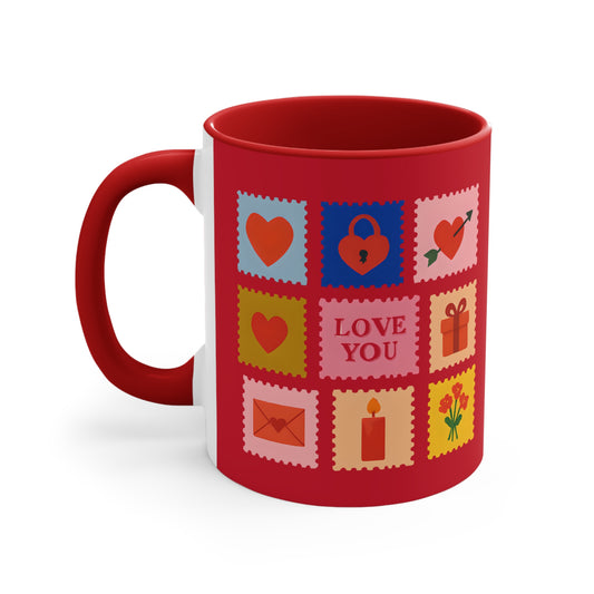 11 oz Red mug - vintage Love stamps