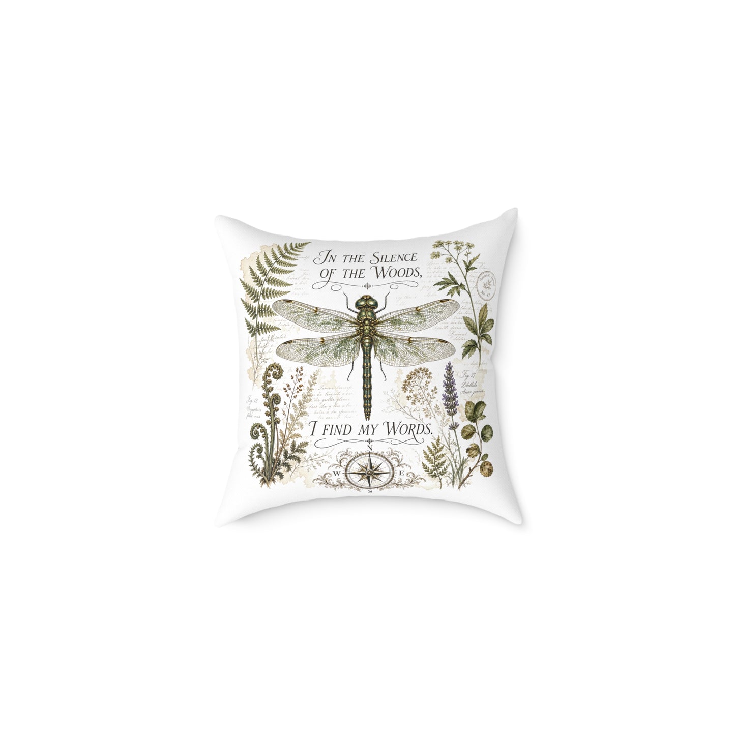 Vintage Botanical Dragonfly throw pillow with Quote "In the Silence of the Woods, I Find My Words" for Writers and Nature Lovers