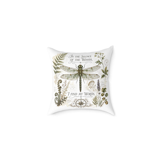 Vintage Botanical Dragonfly throw pillow with Quote "In the Silence of the Woods, I Find My Words" for Writers and Nature Lovers
