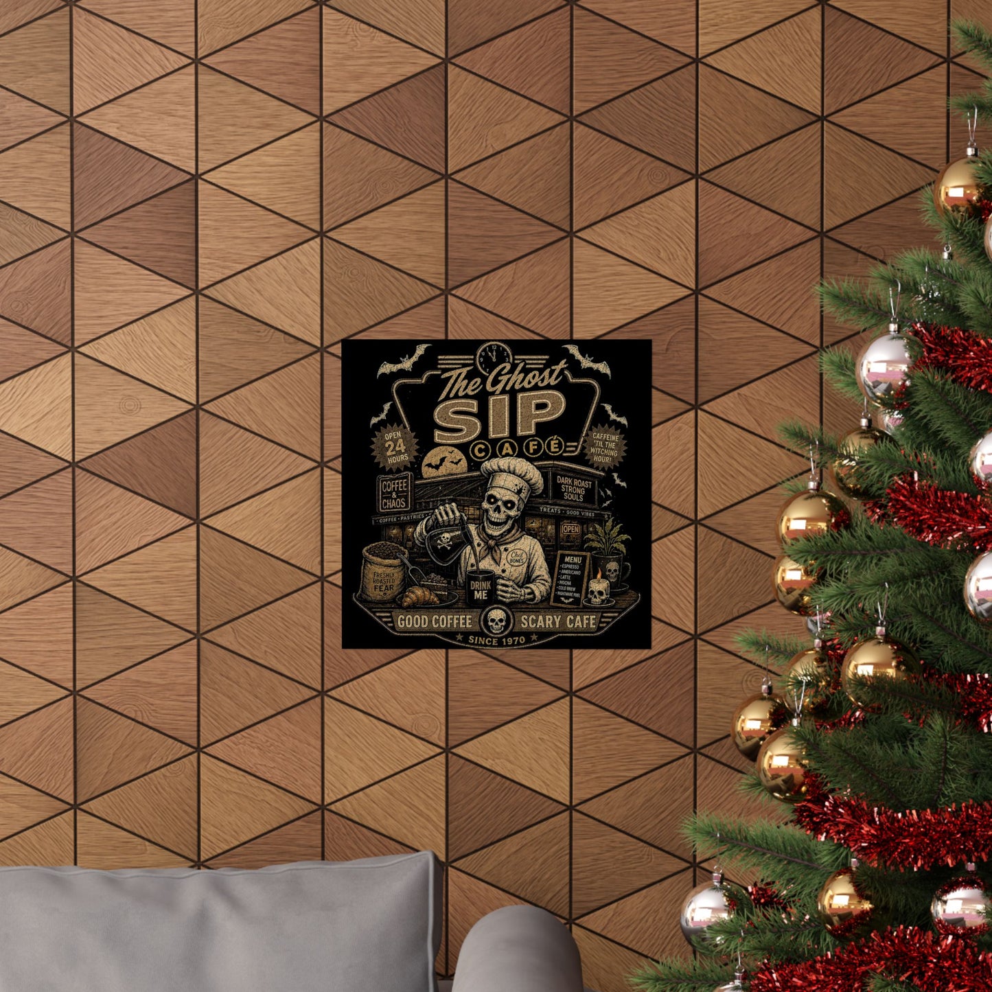 Spooky Coffee and Chaos Retro Skeleton Barista Cafe Illustration - poster