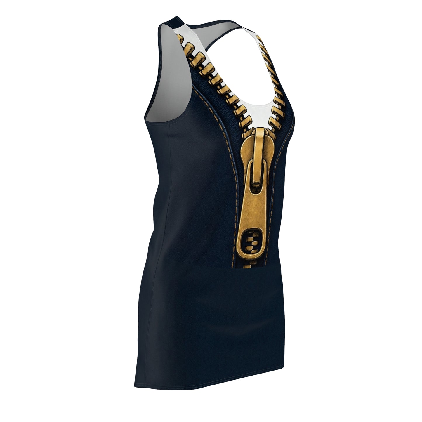 A close-up graphic of a metallic gold zipper opening up dark navy denim fabric - racer back dress