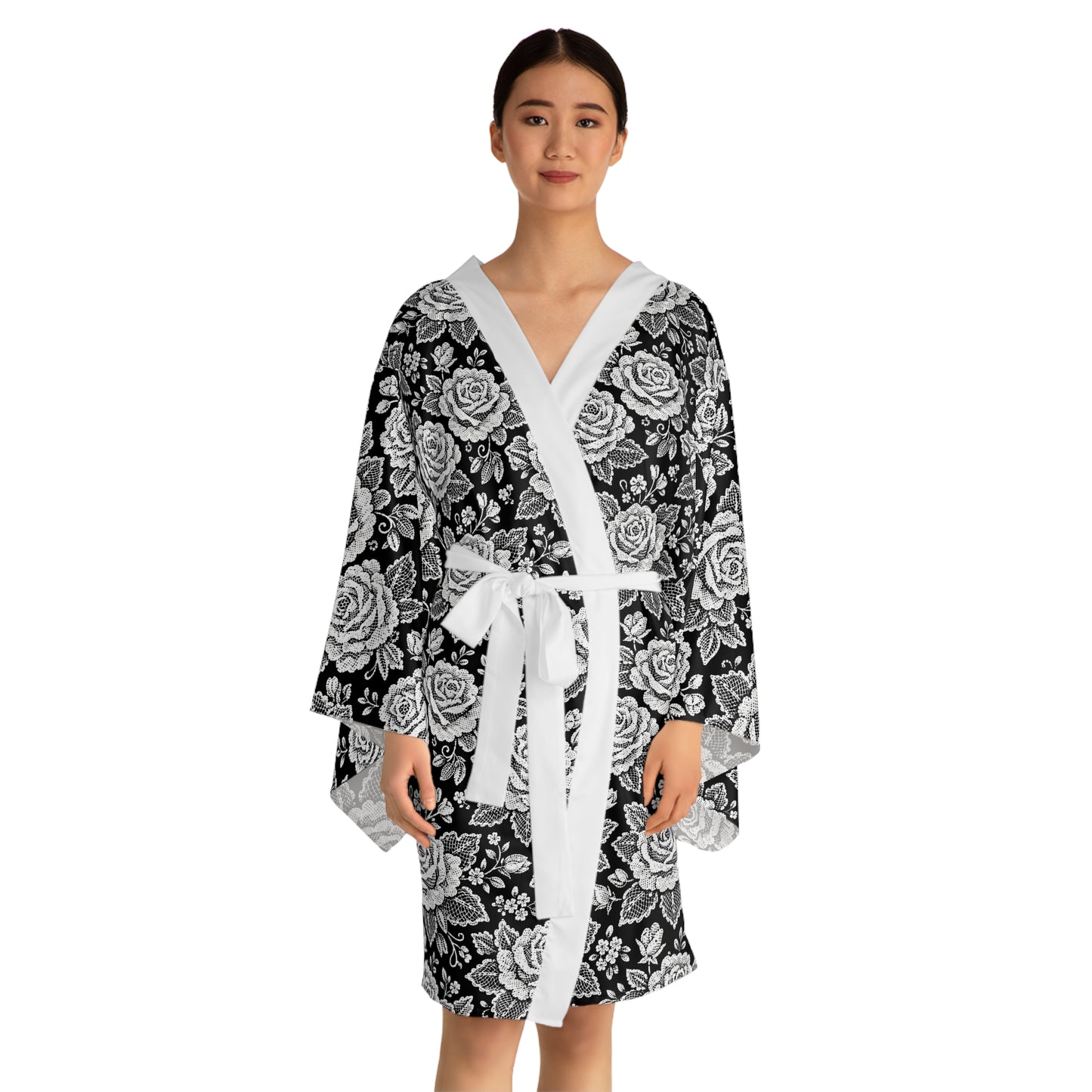 Long sleeves kimono - White Rose Lace Floral Pattern