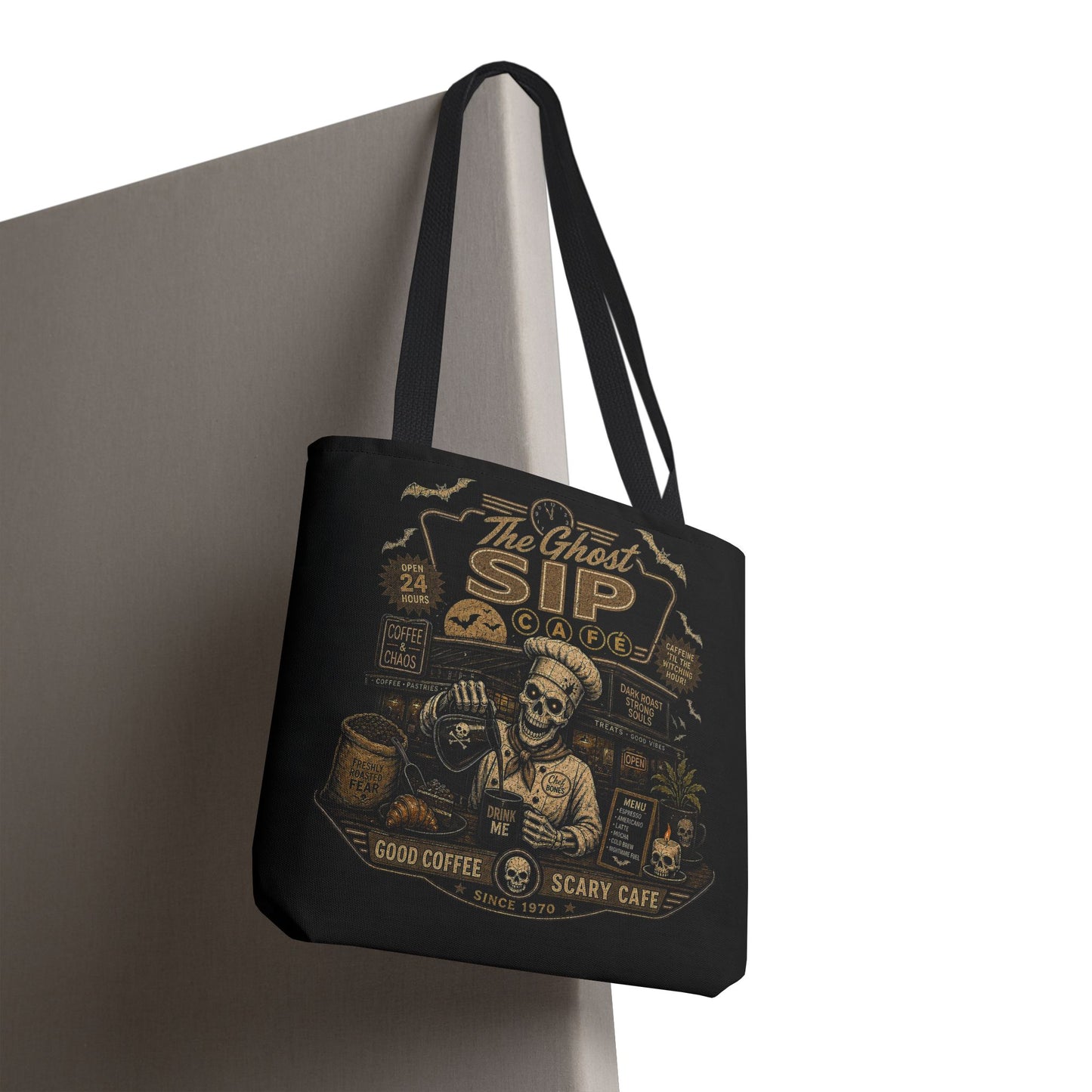 Spooky Coffee and Chaos Retro Skeleton Barista Cafe Illustration - tote bag
