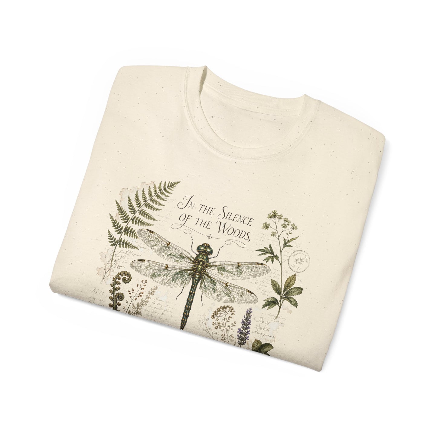 Vintage Botanical Dragonfly t-shirt with Quote "In the Silence of the Woods, I Find My Words" for Writers and Nature Lovers