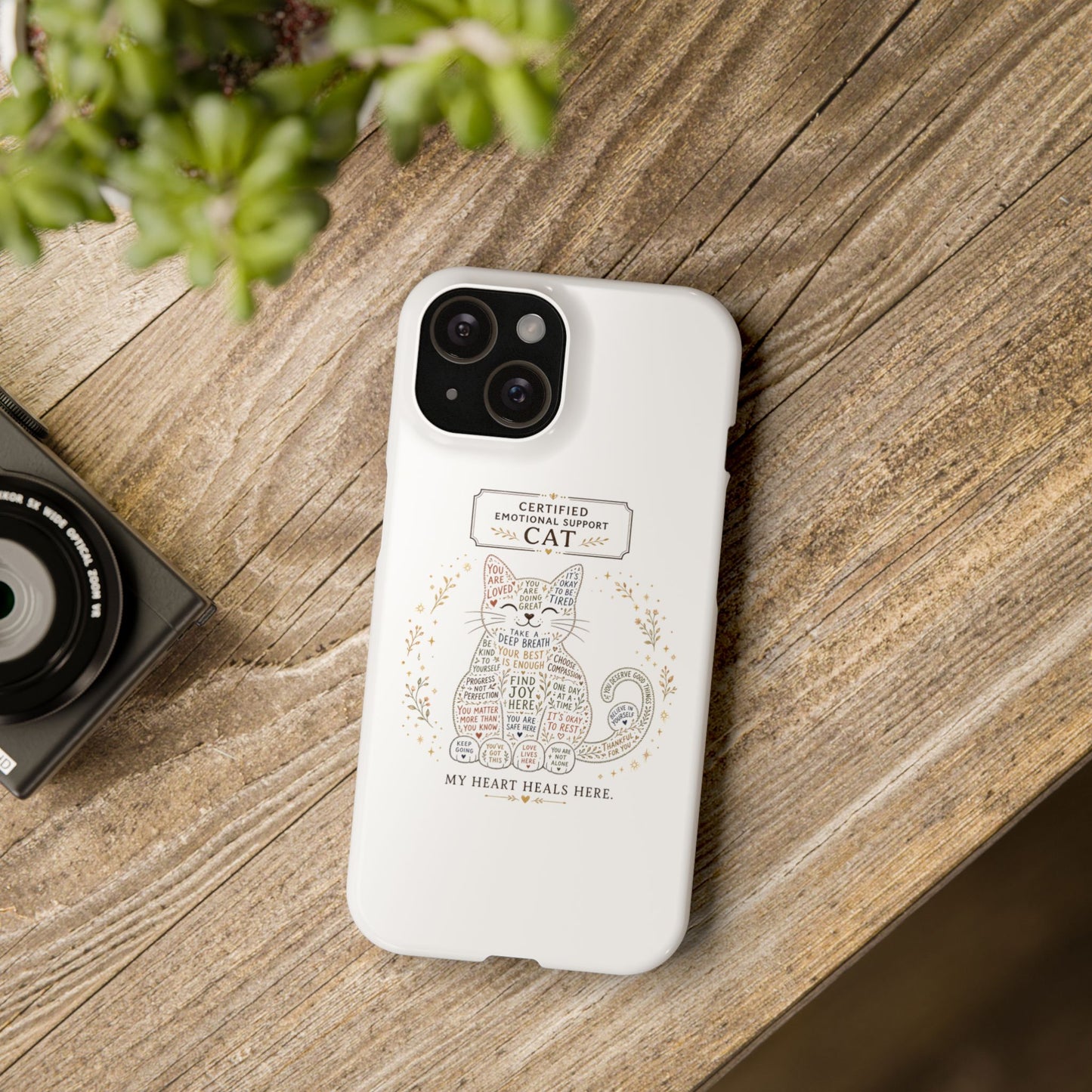 Cute cat iphone 16 and 15 slim case design with positive reminders and self-care quotes
