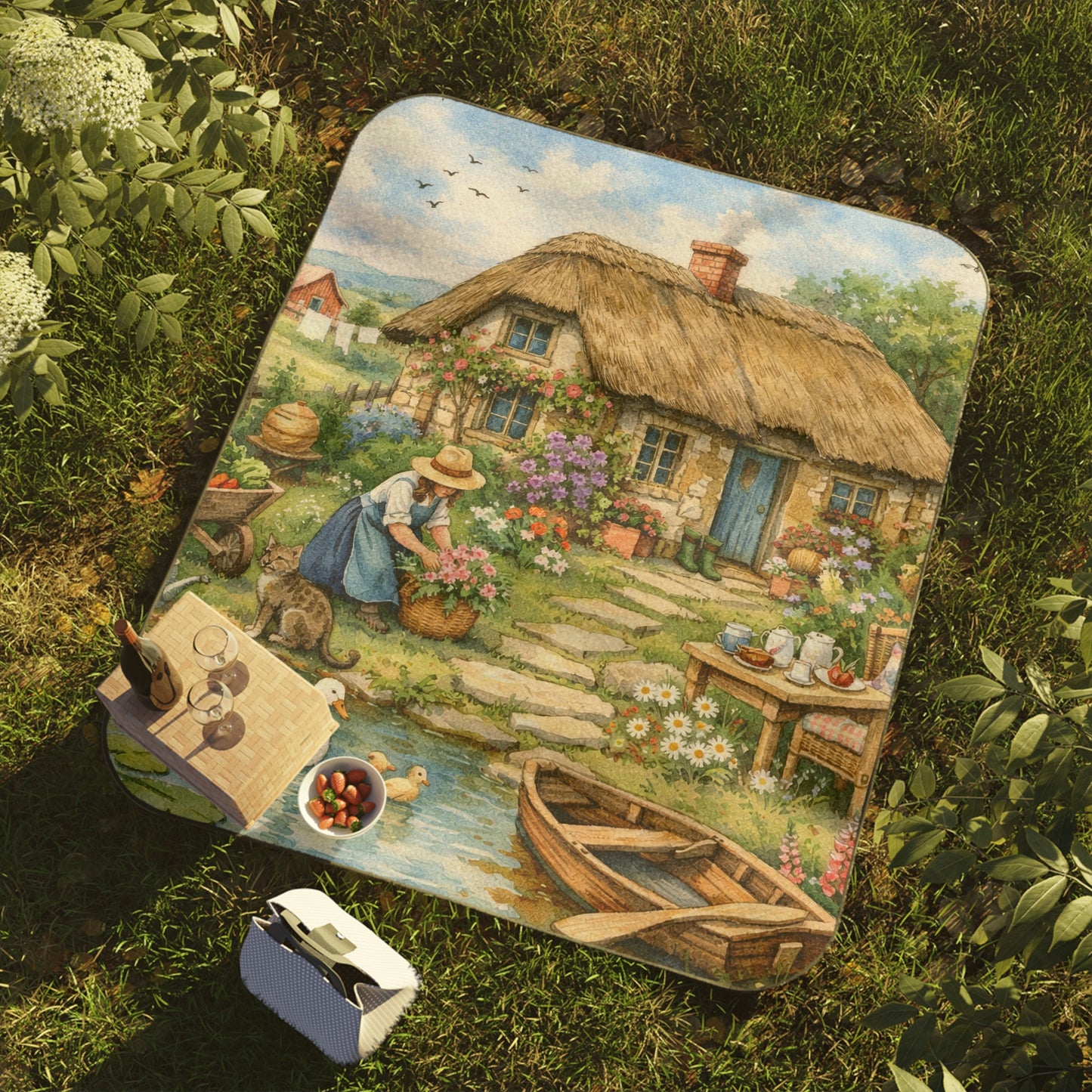 Picnic blanket - Whimsical English Countryside Thatch Cottage