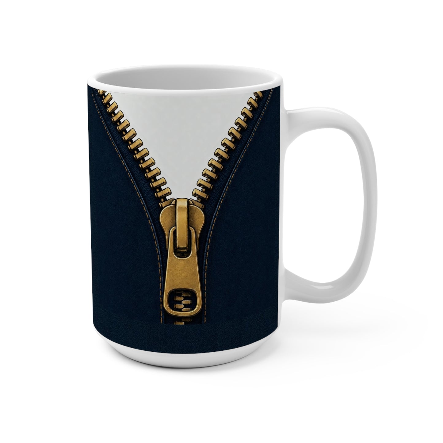 A close-up graphic of a metallic gold zipper opening up dark navy denim fabric - 15 oz coffee mug