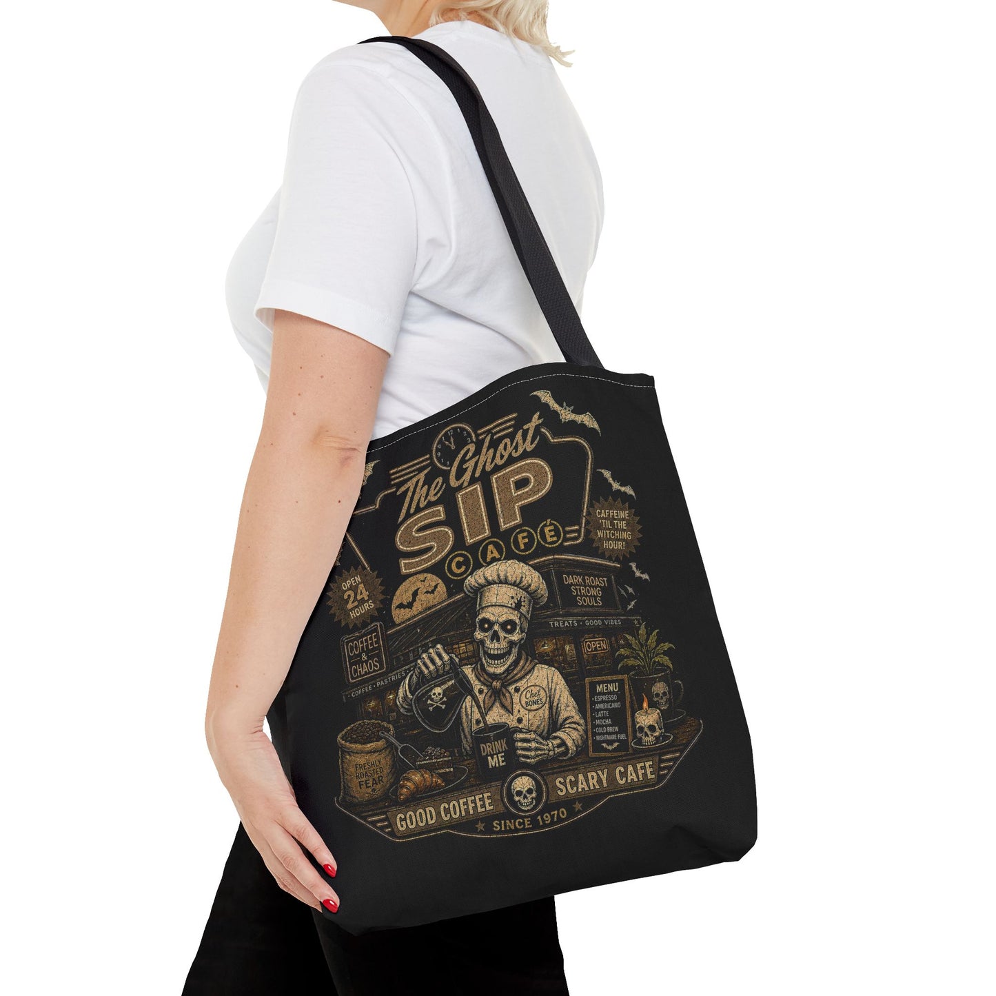 Spooky Coffee and Chaos Retro Skeleton Barista Cafe Illustration - tote bag