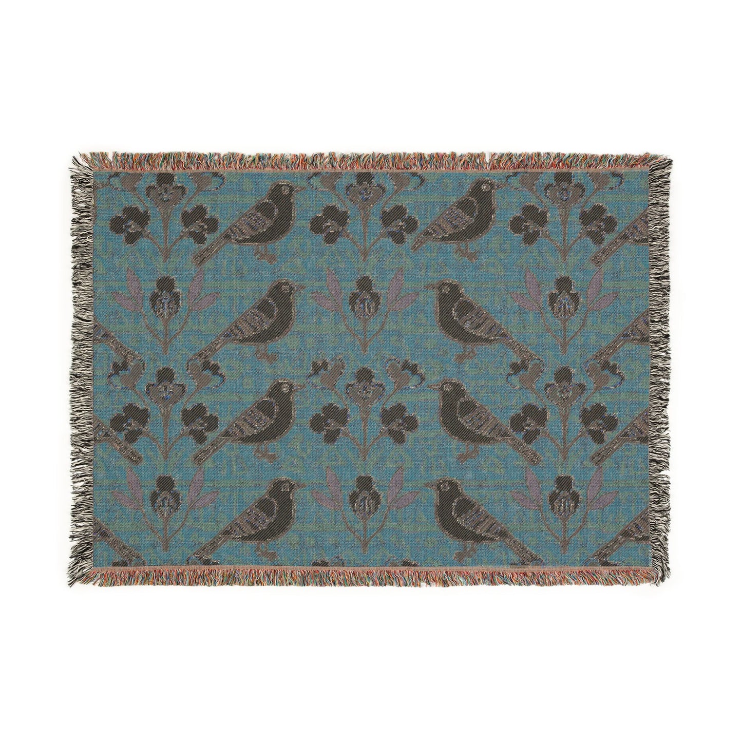 Woven Blanket - Modern Folk Art Bird and Floral Seamless Pattern on Terracotta