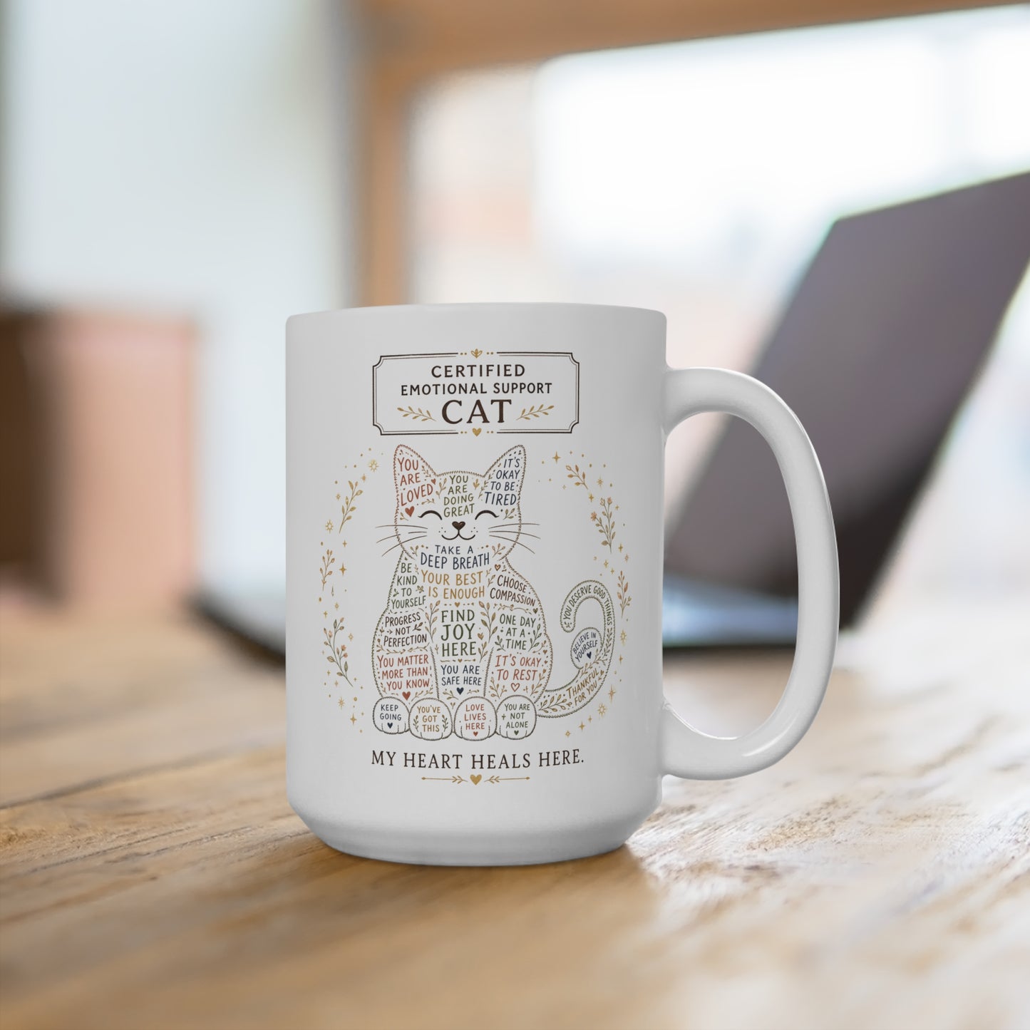 Cute cat coffee mug design with positive reminders and self-care quotes