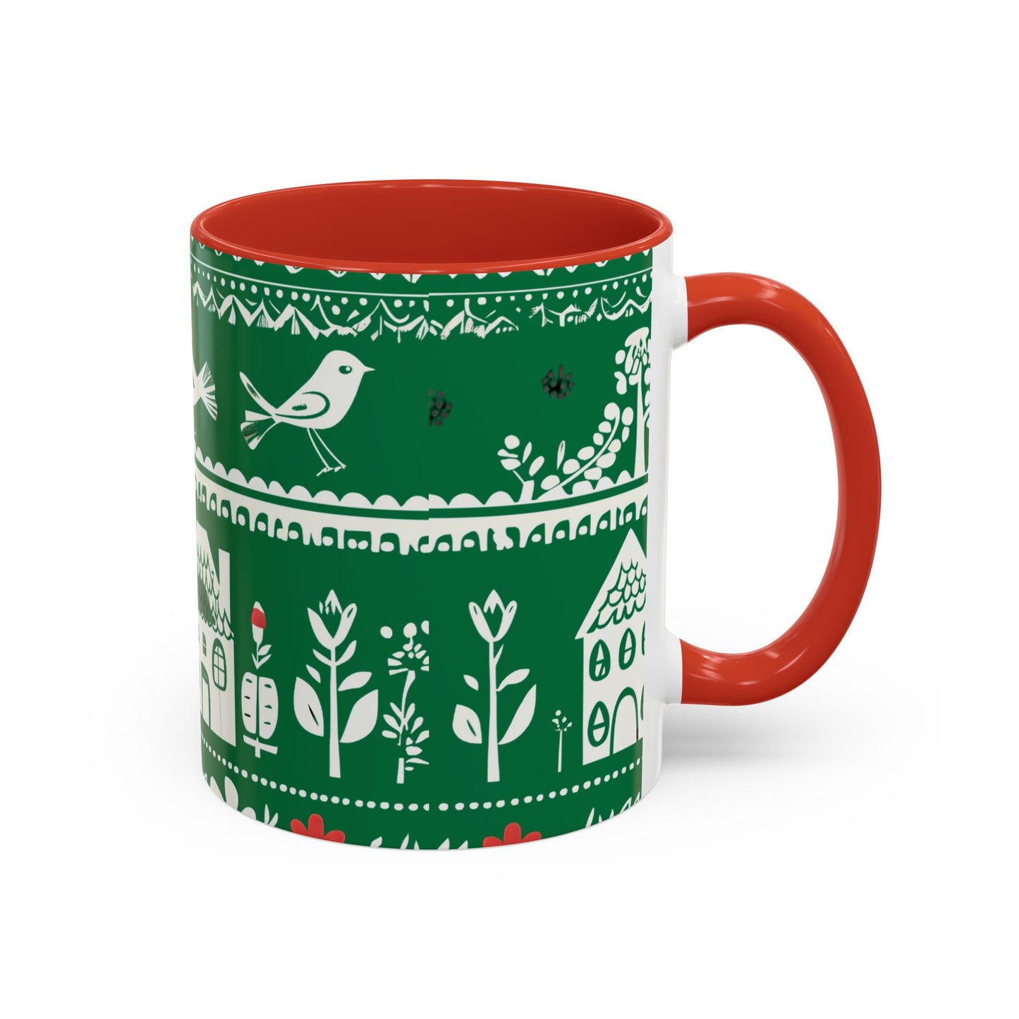 Red inside coffee mug - The folk art garden pattern