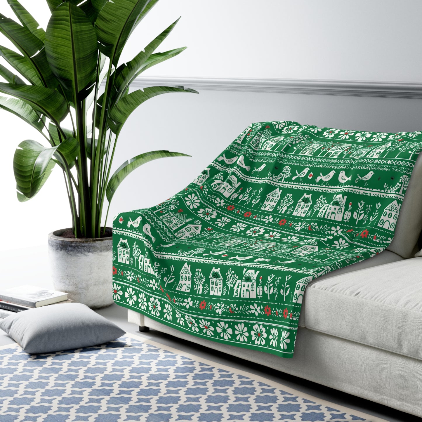 Sherpa Fleece Blanket - folk art garden pattern