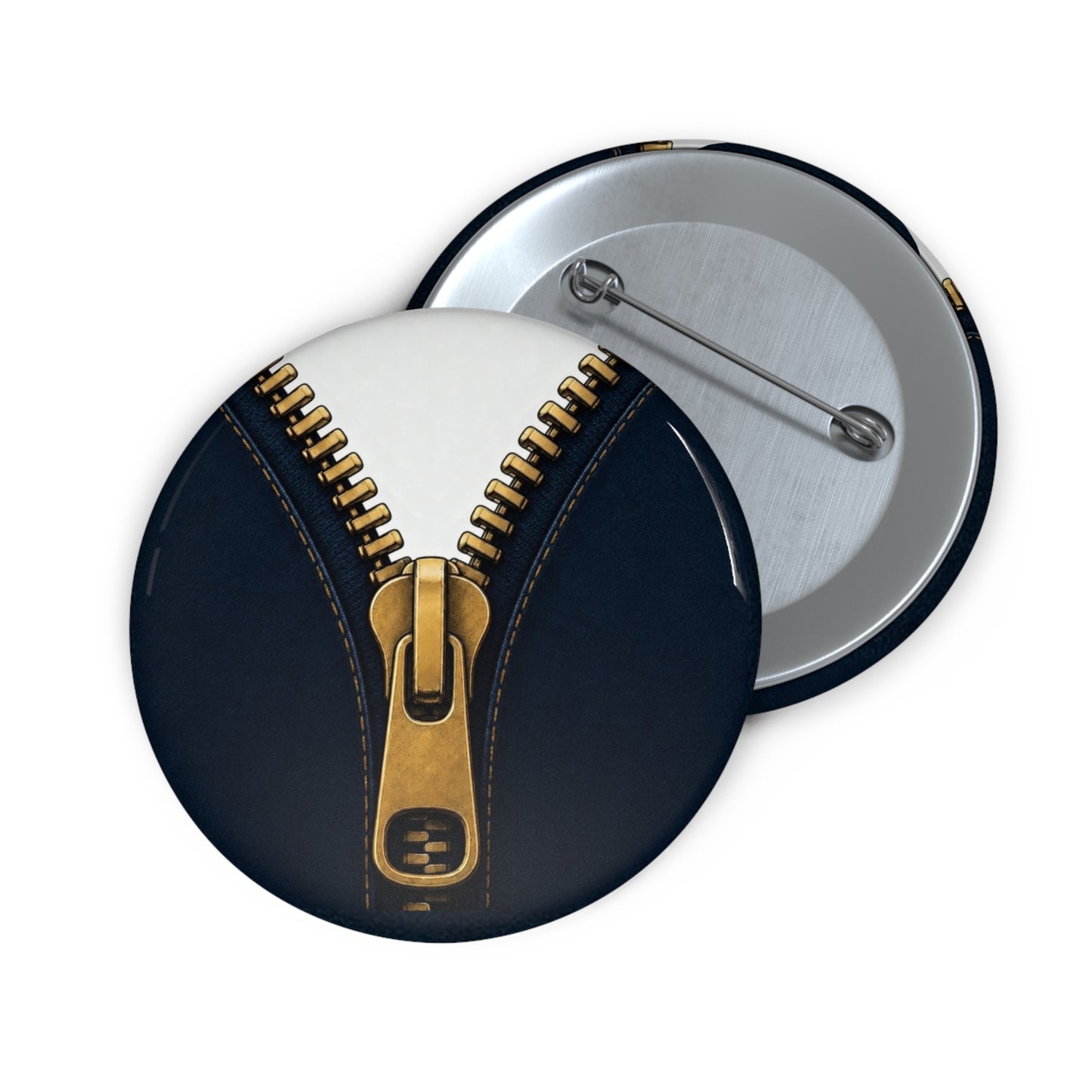 A close-up graphic of a metallic gold zipper opening up dark navy denim fabric - button
