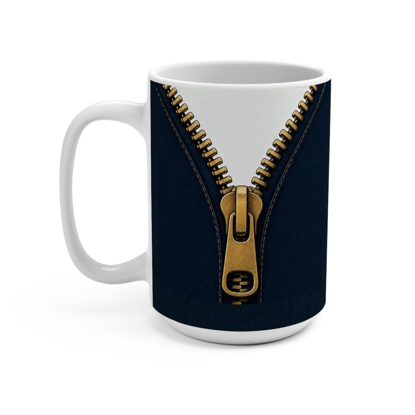 A close-up graphic of a metallic gold zipper opening up dark navy denim fabric - 15 oz coffee mug
