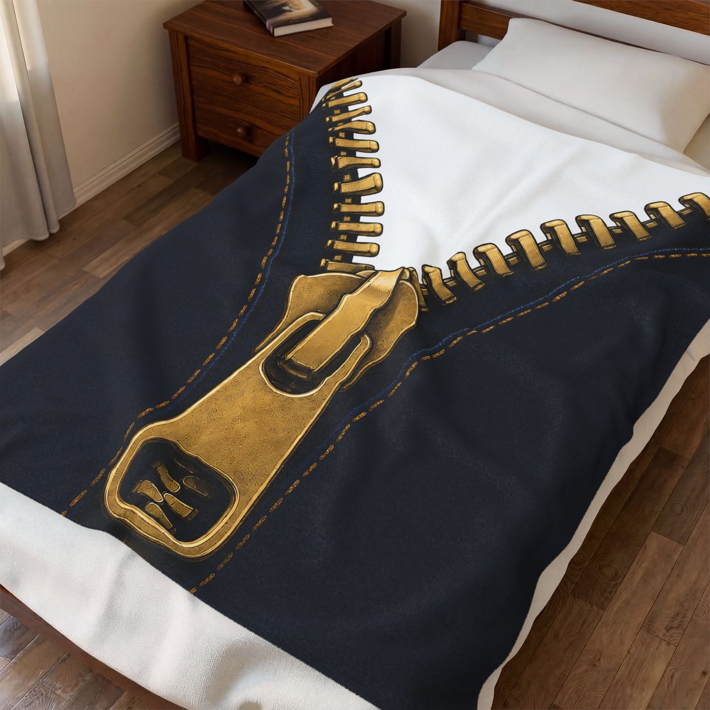 A close-up graphic of a metallic gold zipper opening up dark navy denim fabric - throw blanket