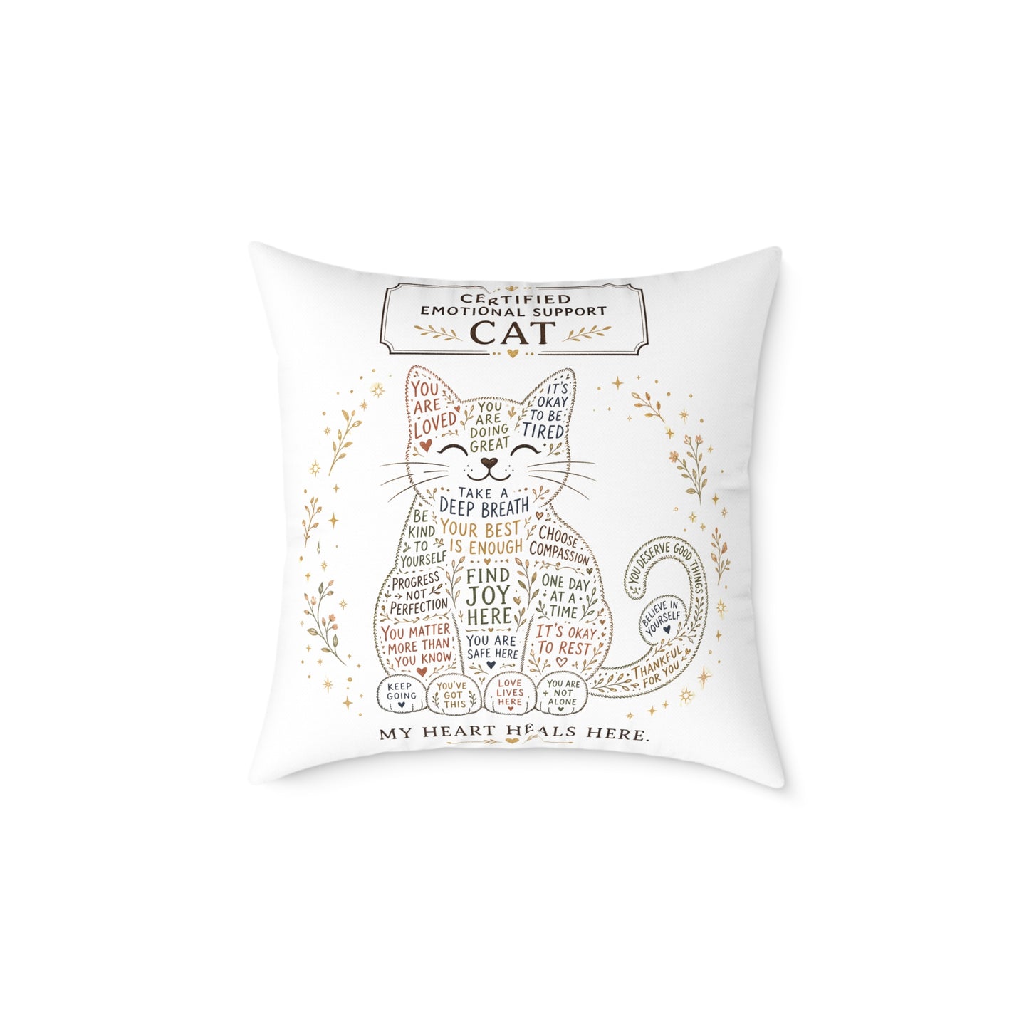 Cute cat throw pillow design with positive reminders and self-care quotes
