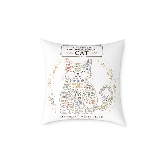 Cute cat throw pillow design with positive reminders and self-care quotes