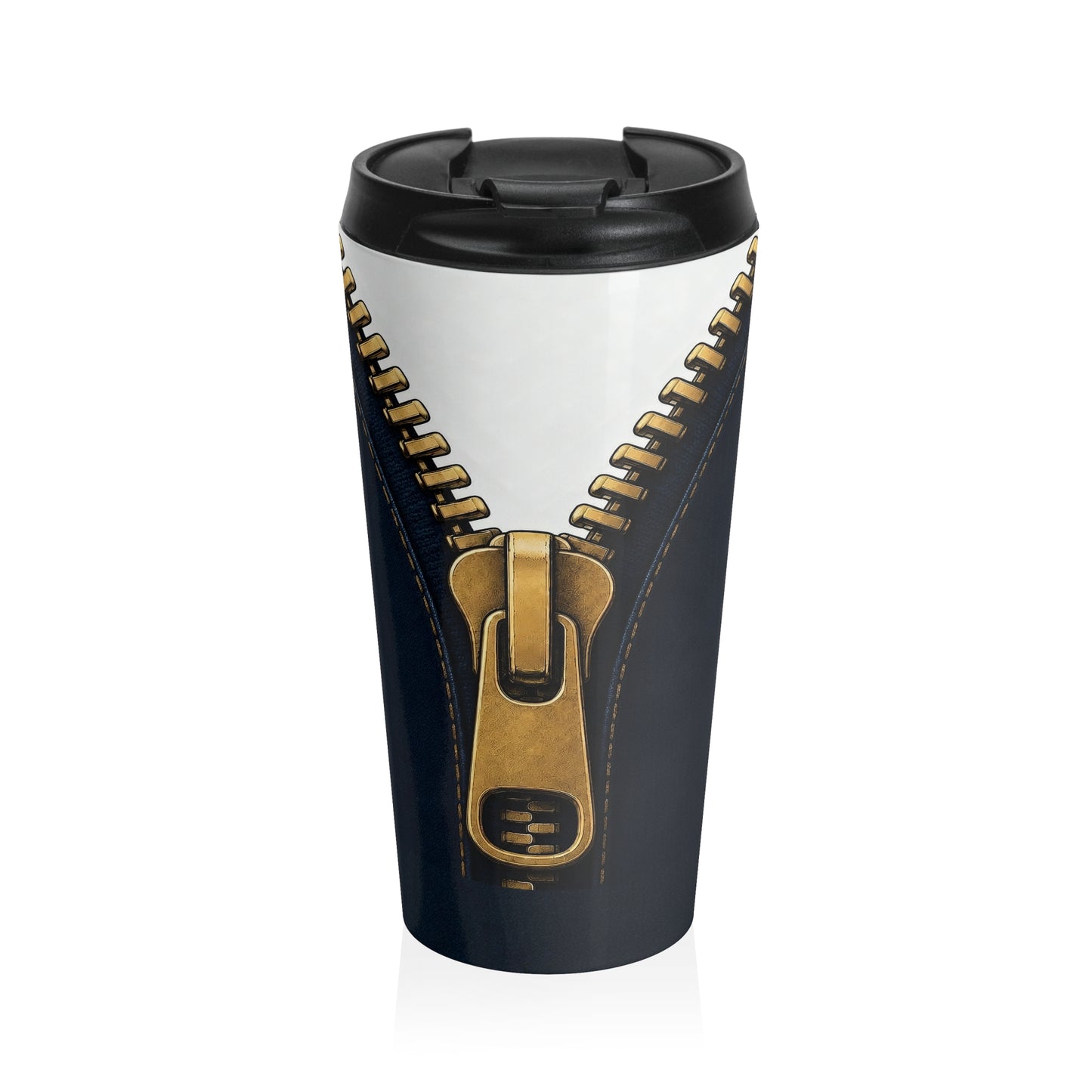 A close-up graphic of a metallic gold zipper opening up dark navy denim fabric - travel mug