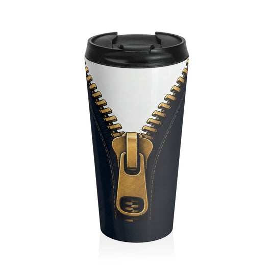 A close-up graphic of a metallic gold zipper opening up dark navy denim fabric - travel mug