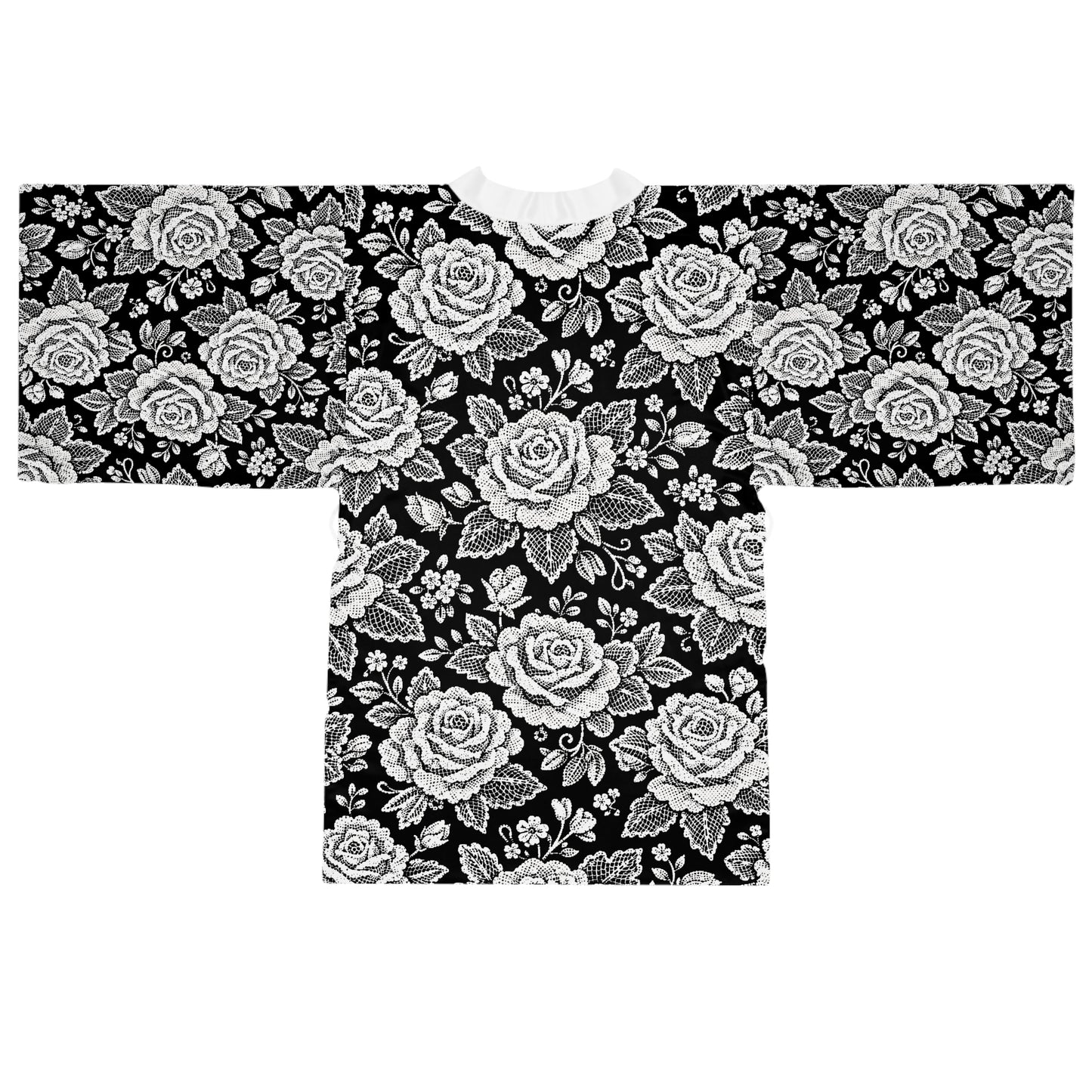 Long sleeves kimono - White Rose Lace Floral Pattern