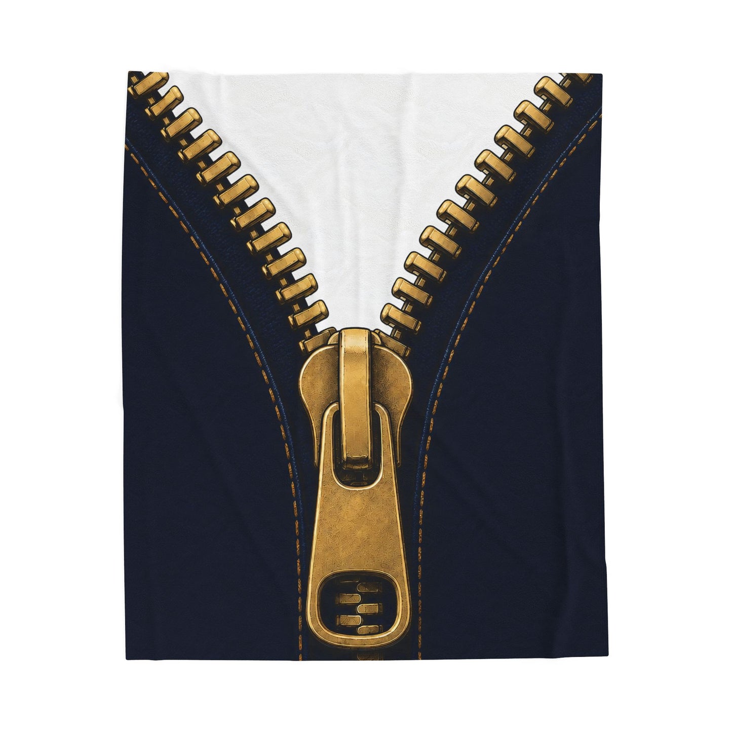 A close-up graphic of a metallic gold zipper opening up dark navy denim fabric - throw blanket