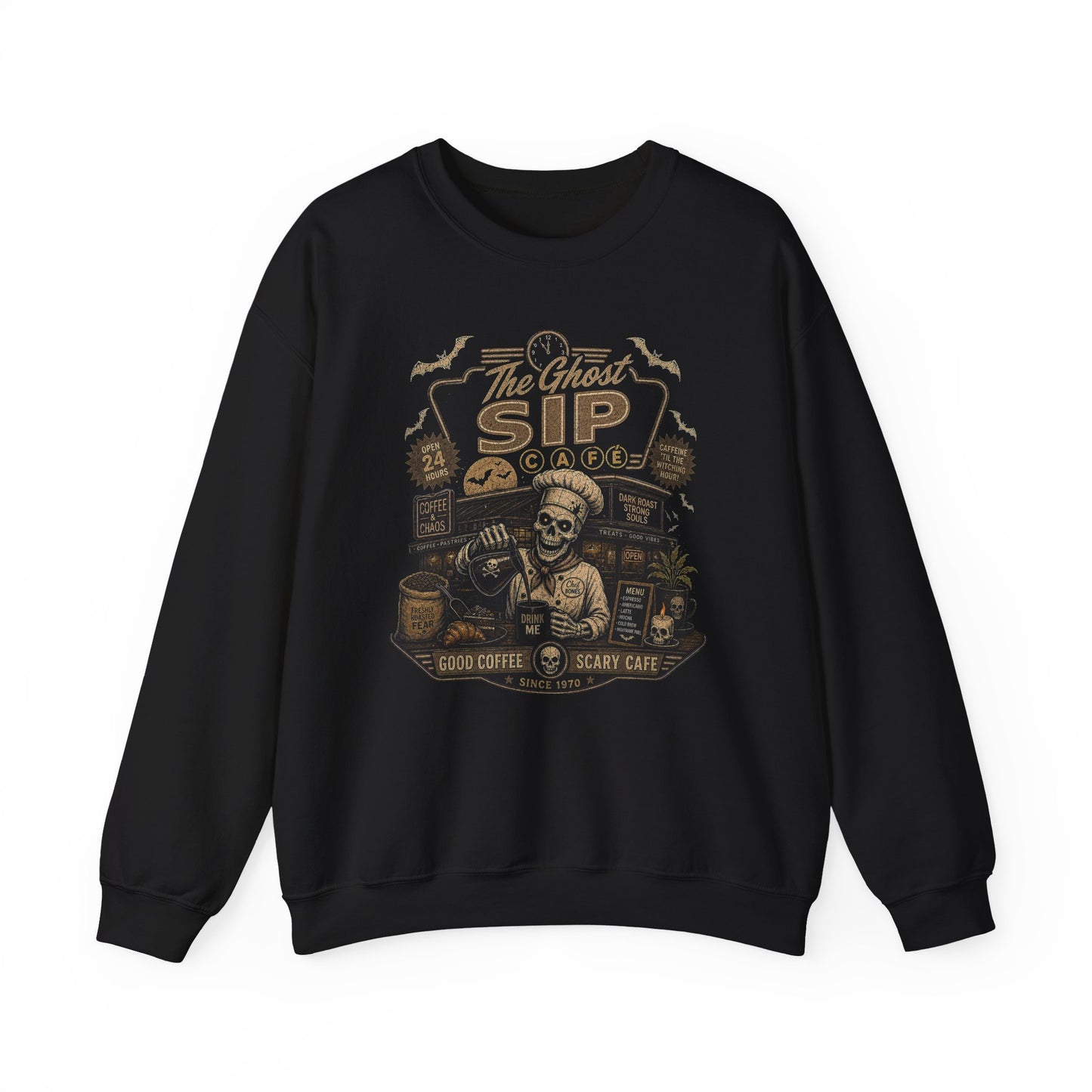 Spooky Coffee and Chaos Retro Skeleton Barista Cafe Illustration - sweatshirt