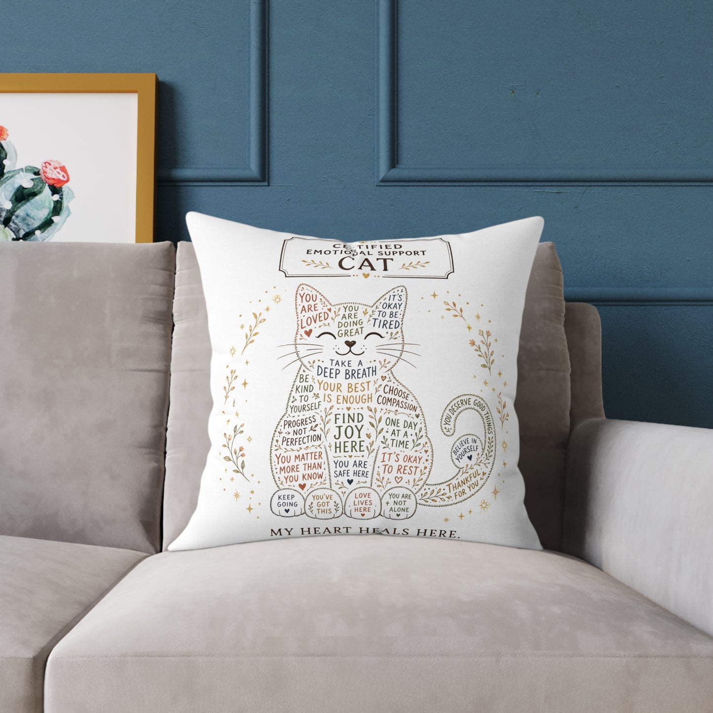 Cute cat throw pillow design with positive reminders and self-care quotes