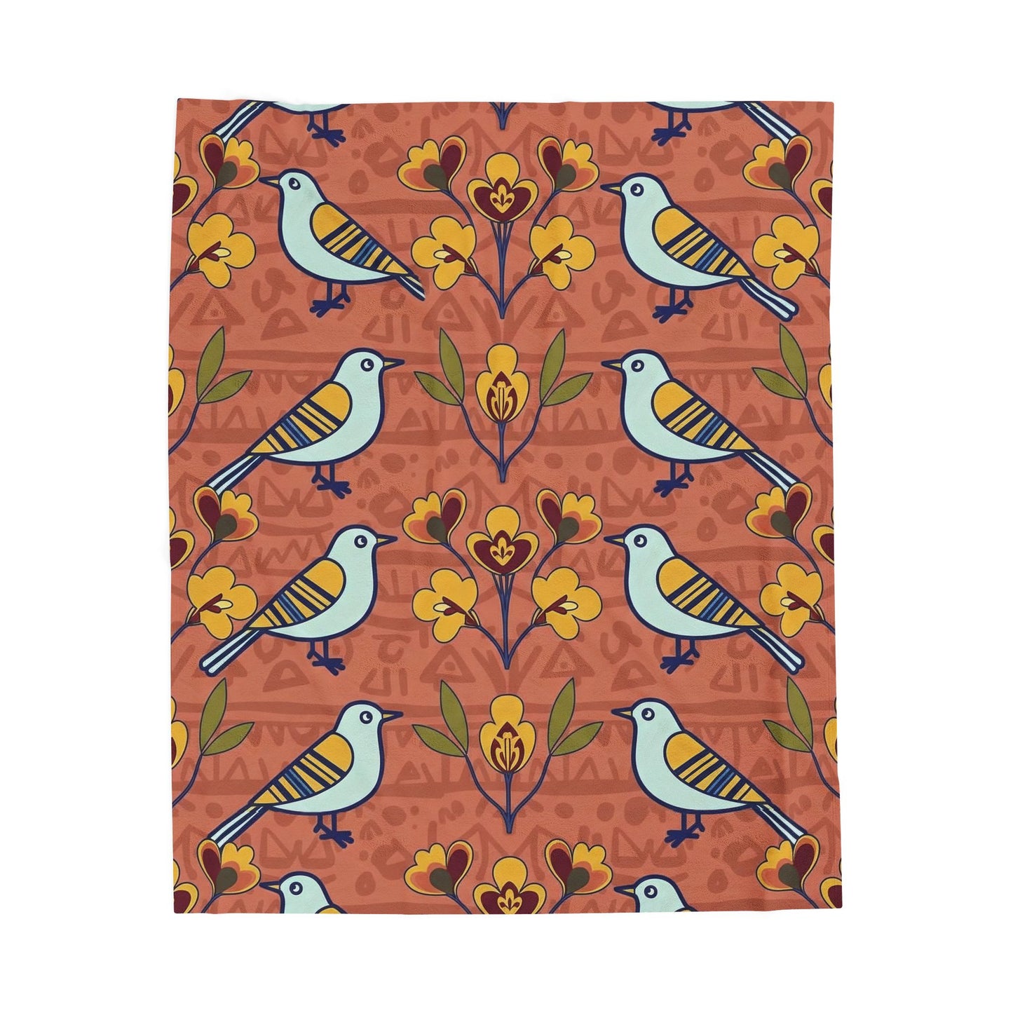 Velveteen Blanket — Modern Folk Art Bird and Floral Seamless Pattern on Terracotta