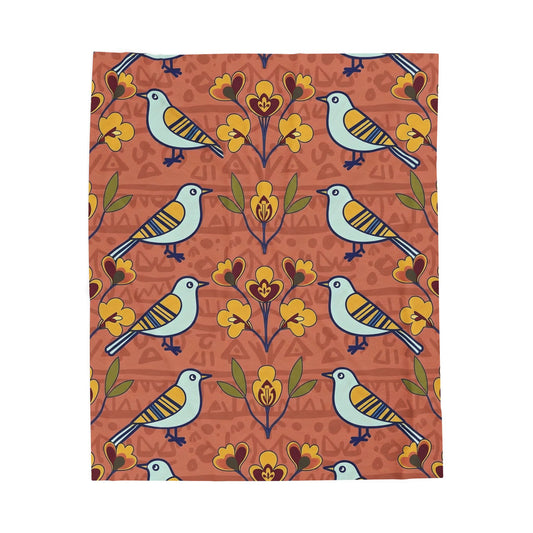 Velveteen Blanket — Modern Folk Art Bird and Floral Seamless Pattern on Terracotta